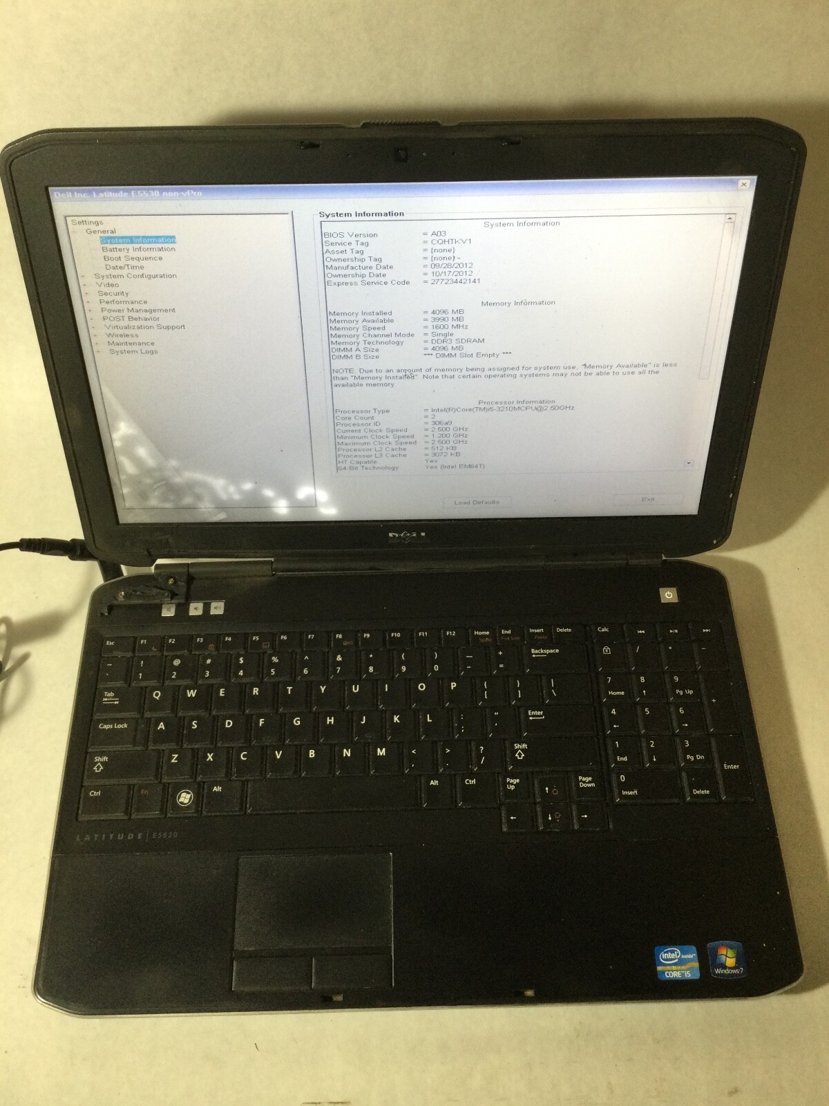 DELL LATITUDE E5530 – BOOTS TO BIOS – INTEL I5 3210 – NO RAM -READ DESCRIP – BB!