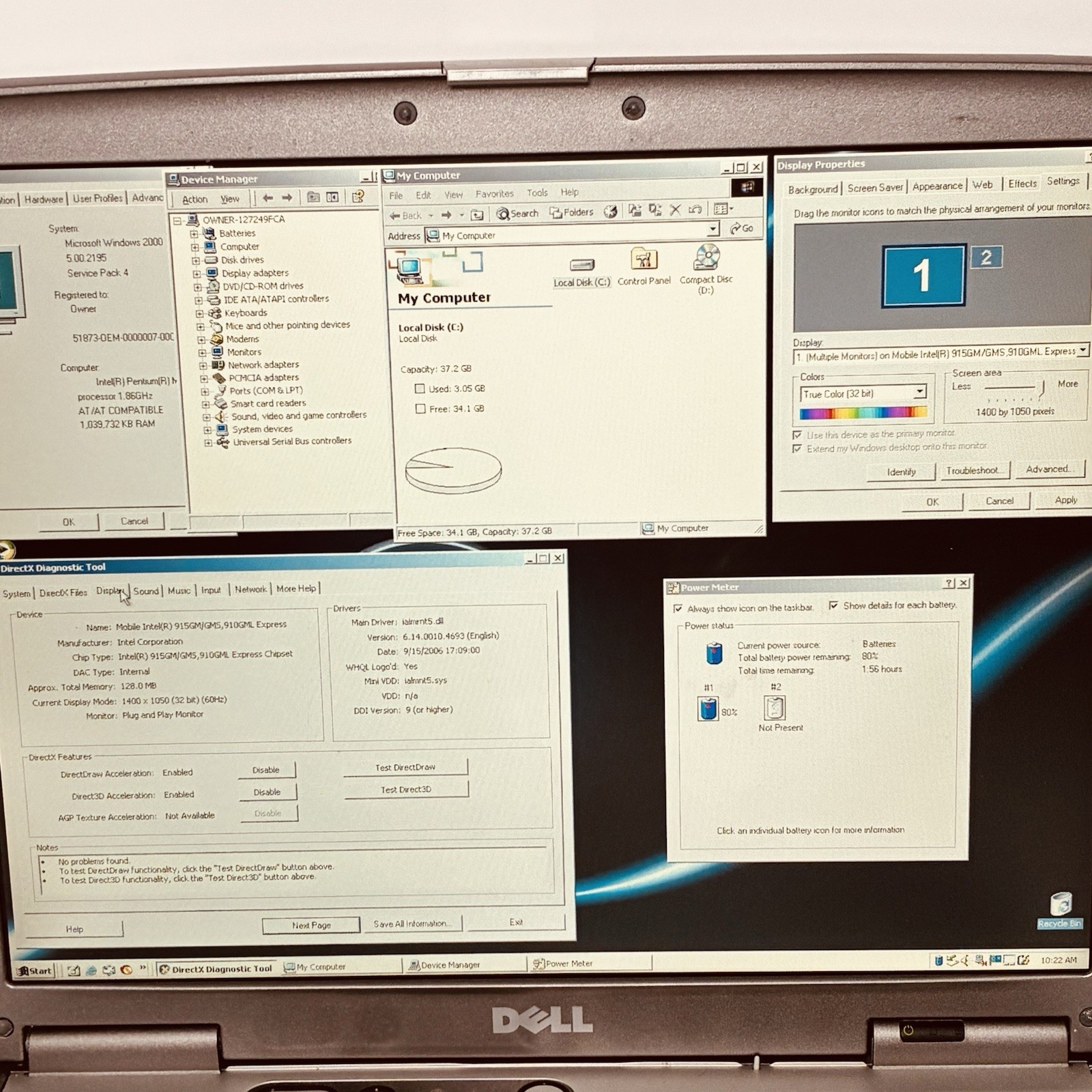 Vintage 14” Dell D610 Win2000 Pro 1GB 40GB DVD-RW 1400p Good Batt OEM AC Grade A