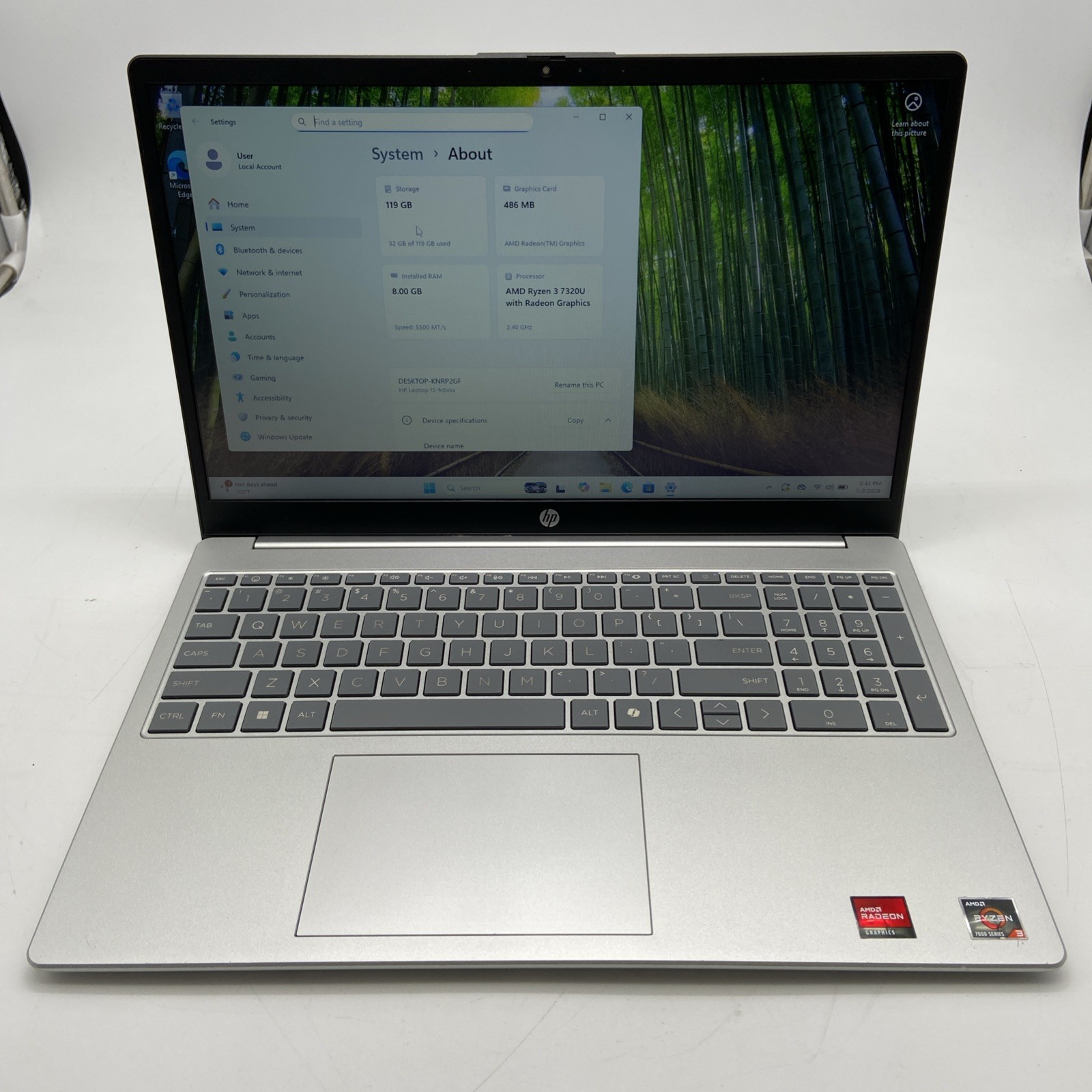 HP Laptop 15-fc0099nr AMD Ryzen 3 7320U @ 2.4GHz 8GB RAM 128GB NVMe W11H
