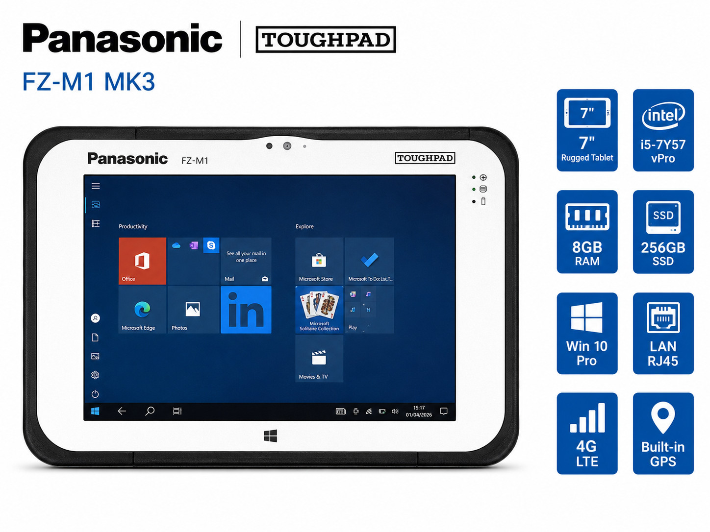 Panasonic ToughPad FZ-M1 MK3 I5 1.2GHz Win 10 8GB, 256GB Tablet LAN RJ45 4G GPS