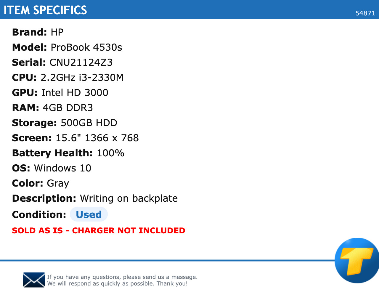HP ProBook 4530s 15.6″ HD 2.2GHz i3 4GB RAM 500GB HDD Windows 10