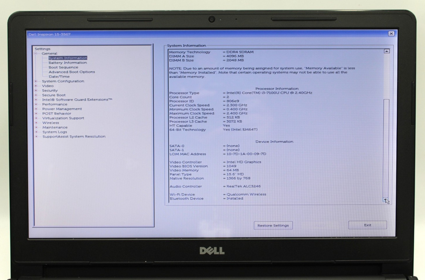 Dell Inspiron 15 3567 i3-7100U@2.4GHz 6GB DDR4 NO STORAGE/OS *USED/TESTED*