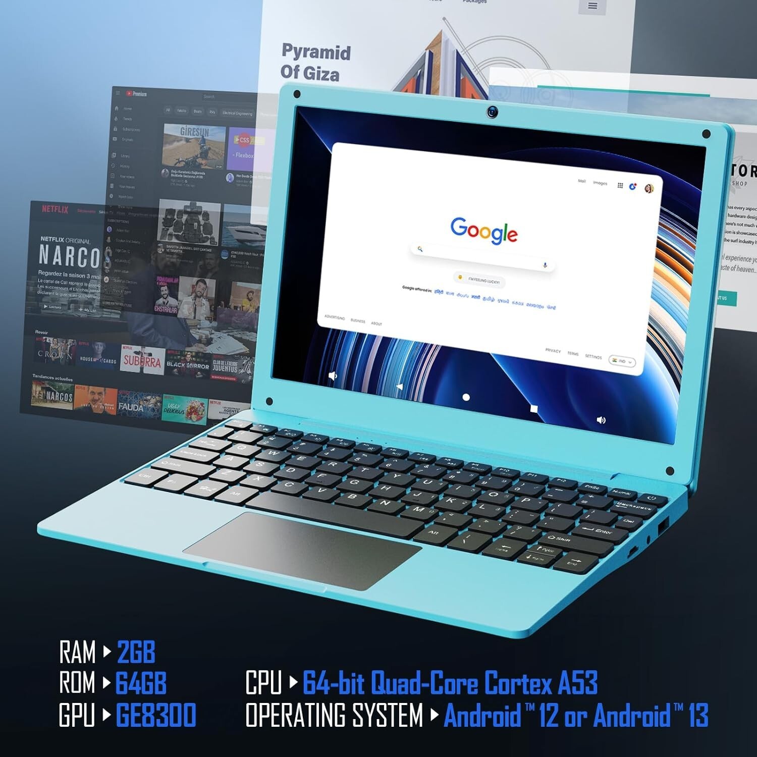 Portable 10.1” Laptop Computer Quad Core Android 12.0 Netbook 2G RAM+64GB ROM