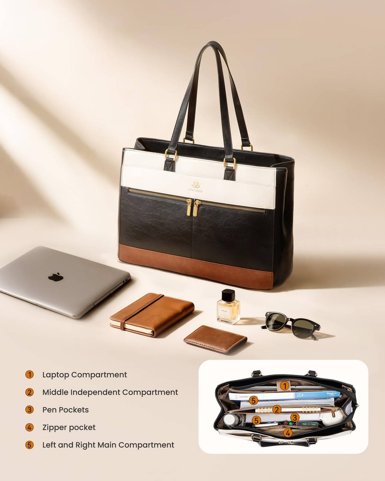 LOVEVOOK Laptop Bag for Women,15.6 Inch Vintage Work Tote Bags for Women,Leather