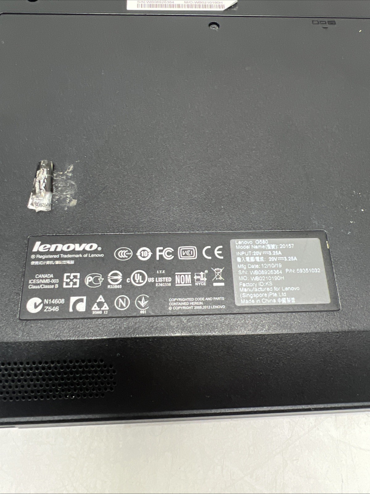Lenovo G580 15.6″ Intel Pentium Processor | For Parts/Repair