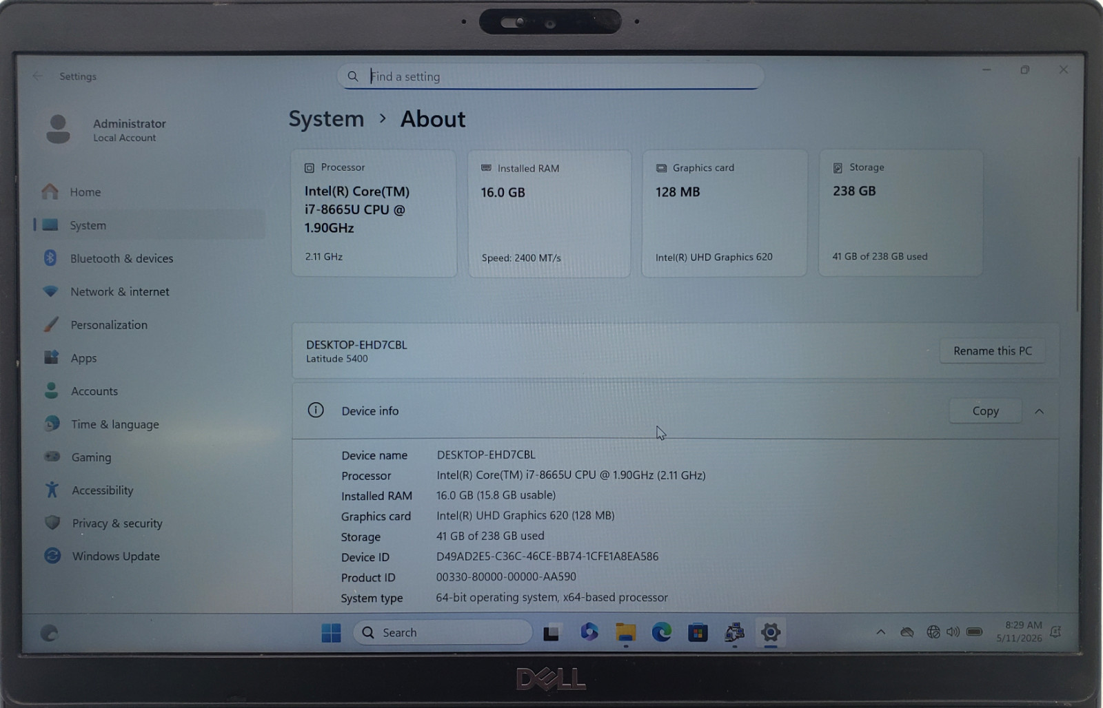 Dell Latitude 5400 Intel i7-8665U 16GB RAM 256GB SSD 14″ Win 11 Pro Laptop PC.