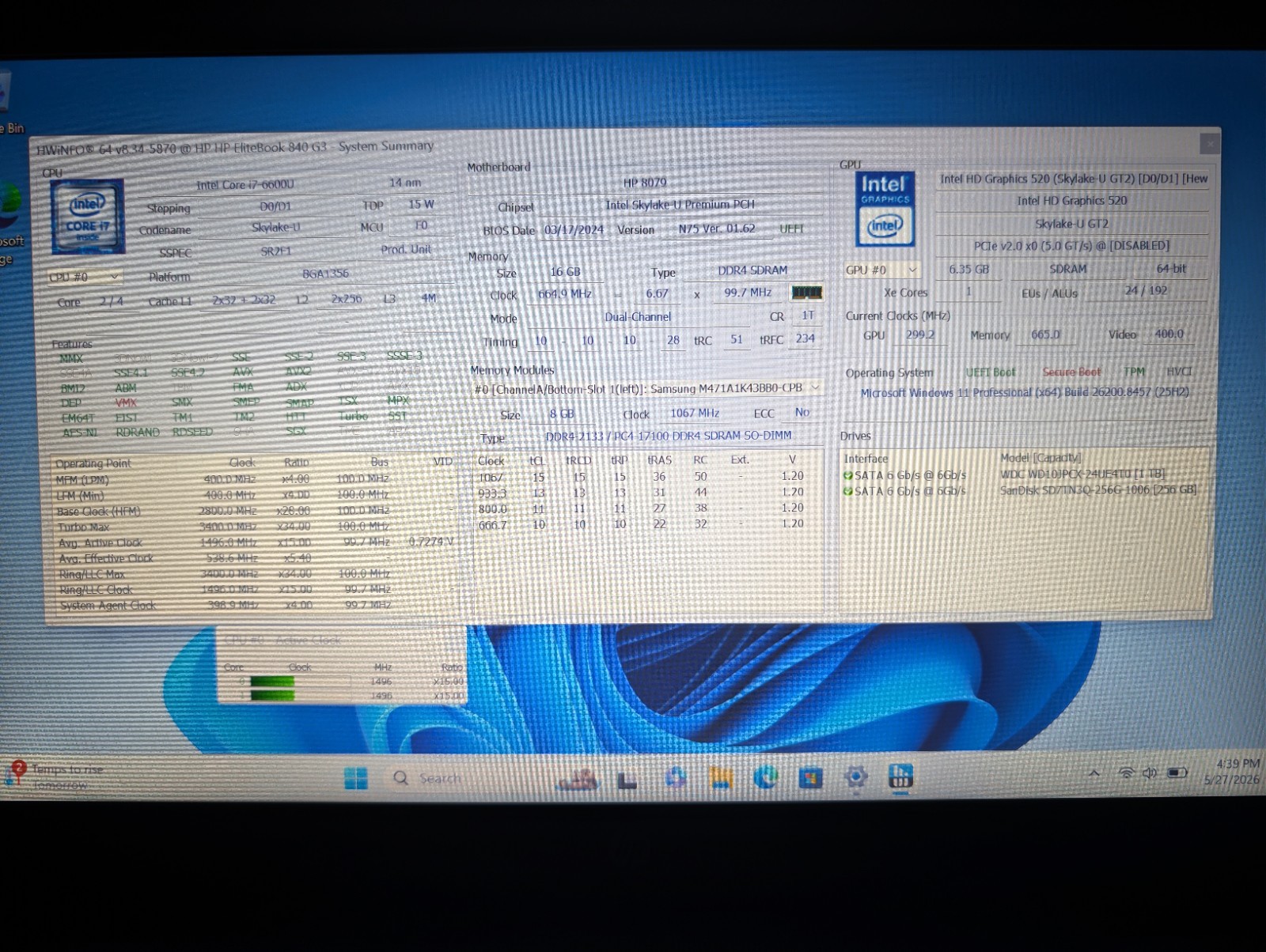HP ELITEBOOK 840 G3 | i7-6600U 16GB RAM 256GB SSD + 1TB HDD | FHD Backlit Win 11