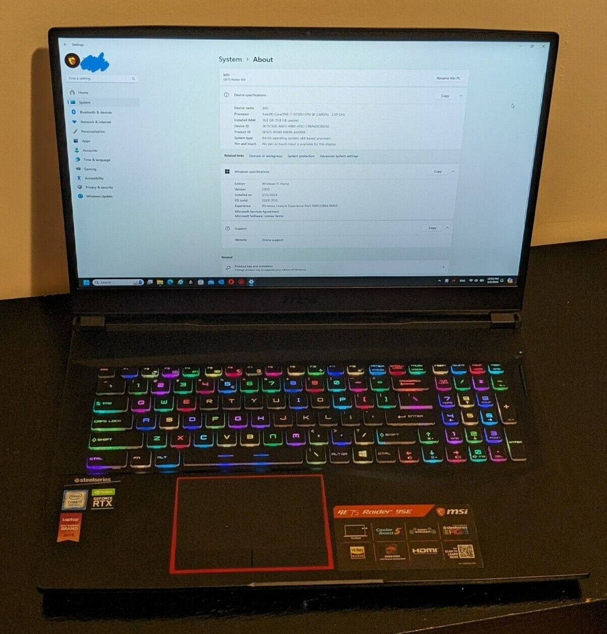 MSI GE75 Raider 9SE 17.3 inch (512 SSD 1TB HDD, Intel Core i7 9750H, 2.6GHz)