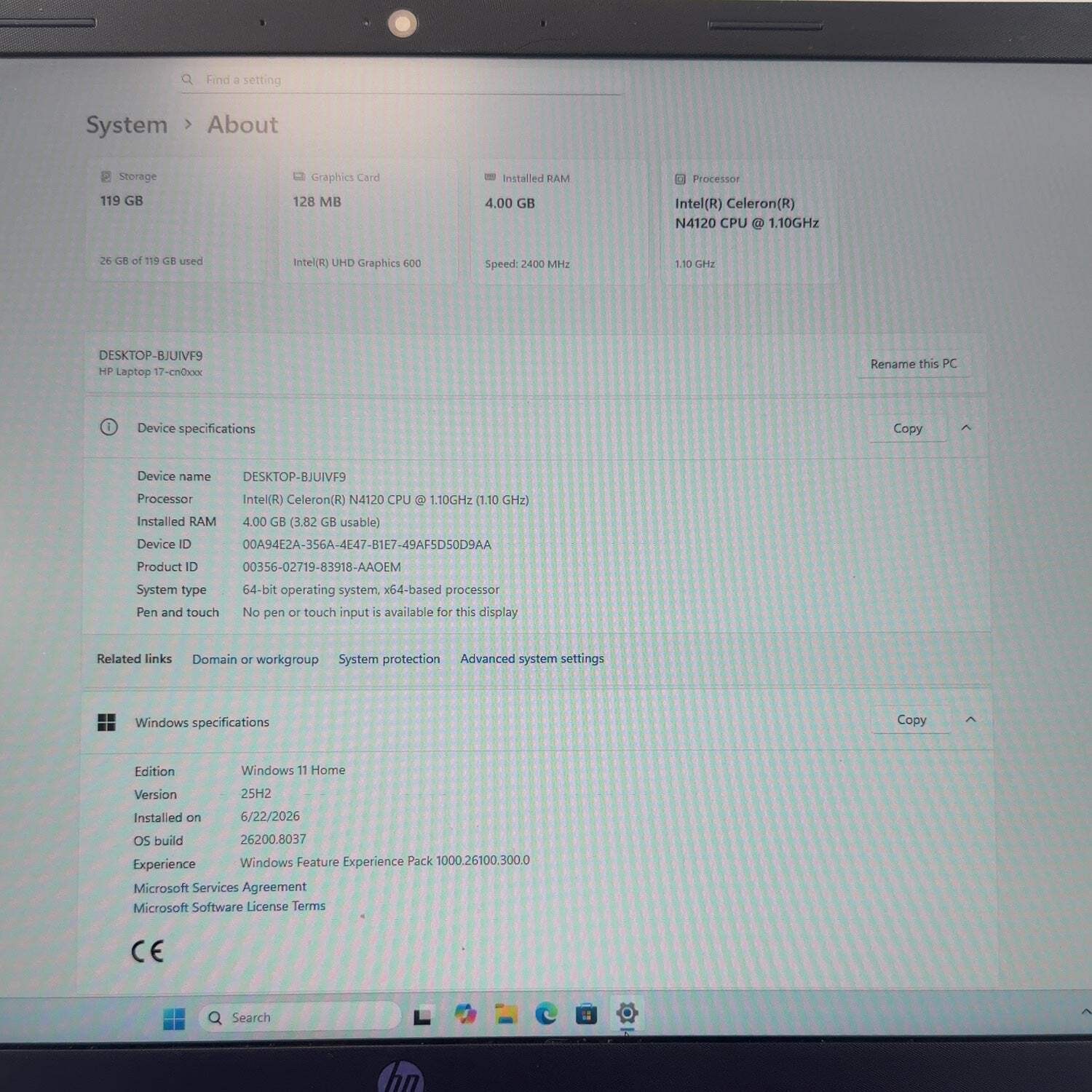HP Laptop 17-cn0054ds 17″ Celeron N4120 1.1GHz 4GB RAM 128GB SSD
