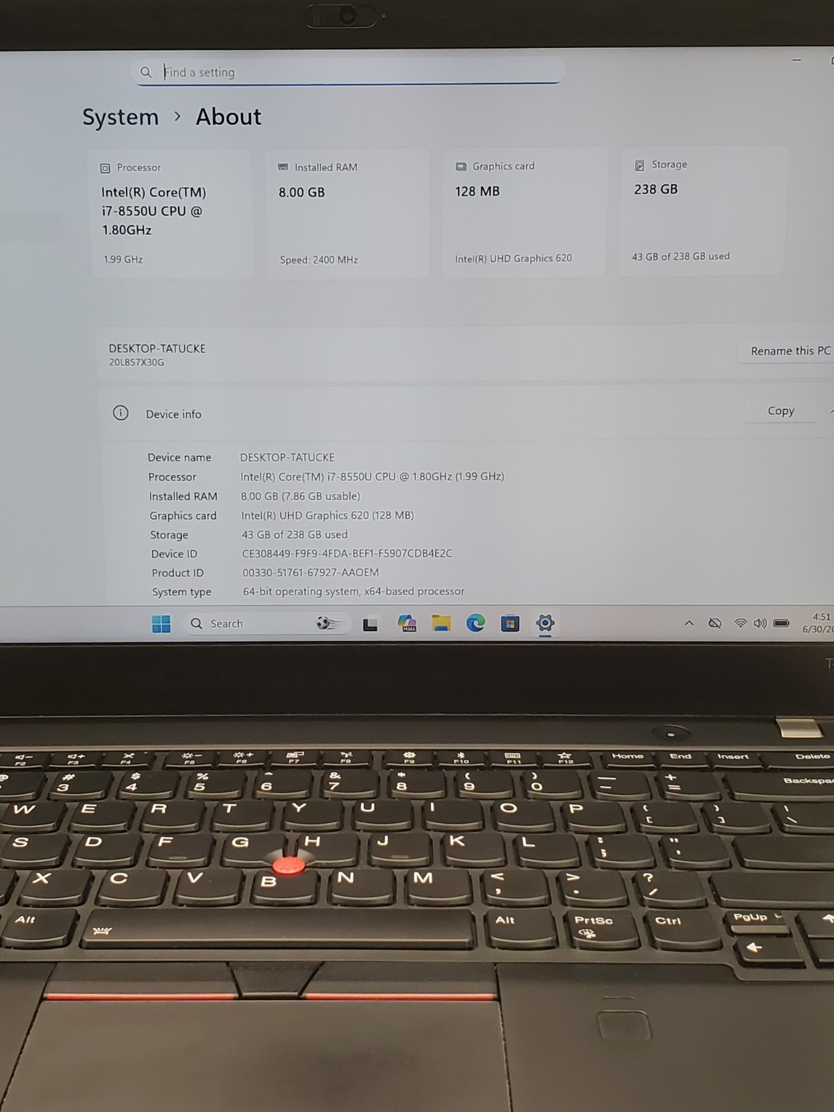 Lenovo ThinkPad T480s Core i5‑8550U @ 1.80GHz 8GB RAM 256GB SSD Windows 11 Pro