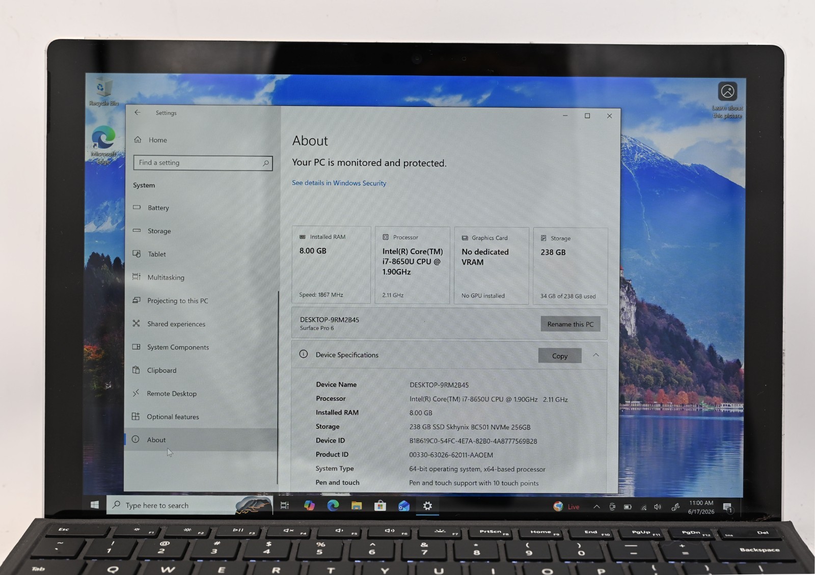 Microsoft Surface Pro 6 1796 i7-8650 1.9GHz 8GB RAM 256GB SSD Win 10P