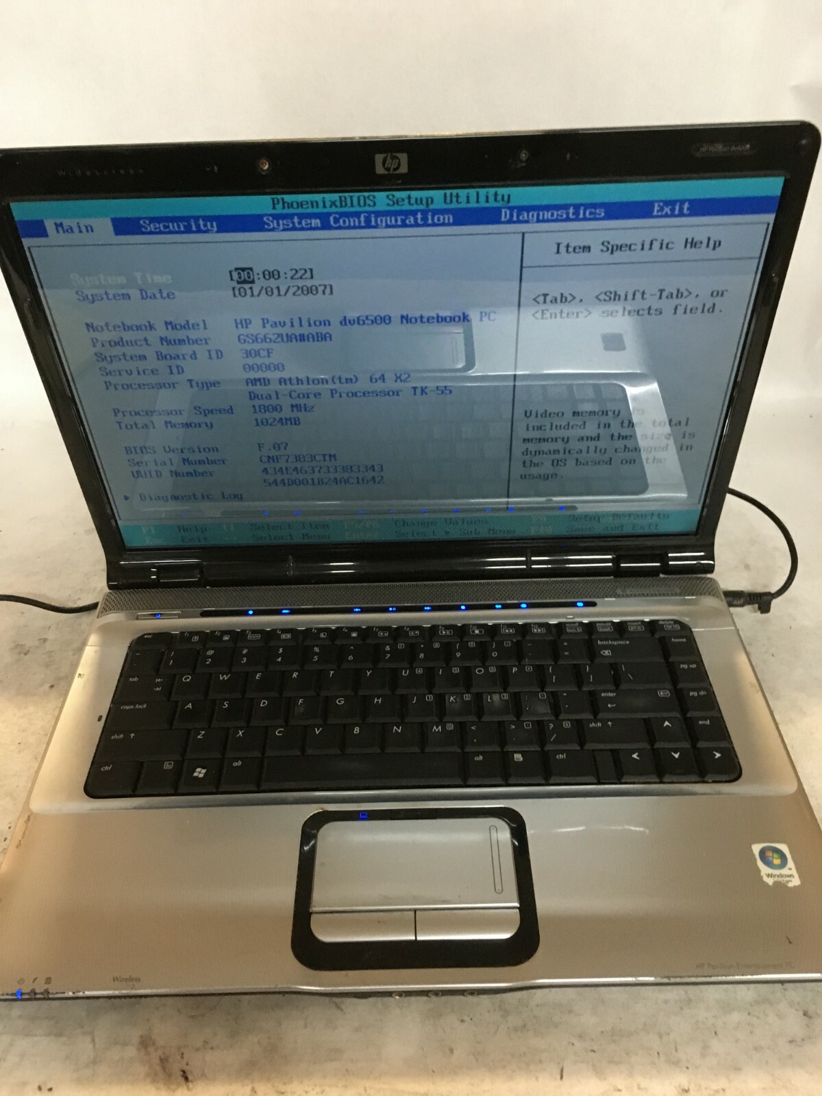 HP Pavilion dv6650us 15″ [AS IS] AMD Athlon 64 X2 TK-55 @ 1.8 GHz – JZ