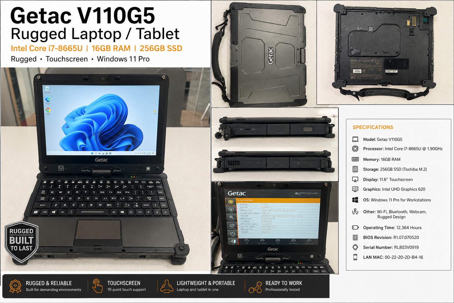 Getac V110 G5 Rugged Laptop Tablet i7-8665U 16GB RAM 256GB SSD LTE 4G Win11 Pro