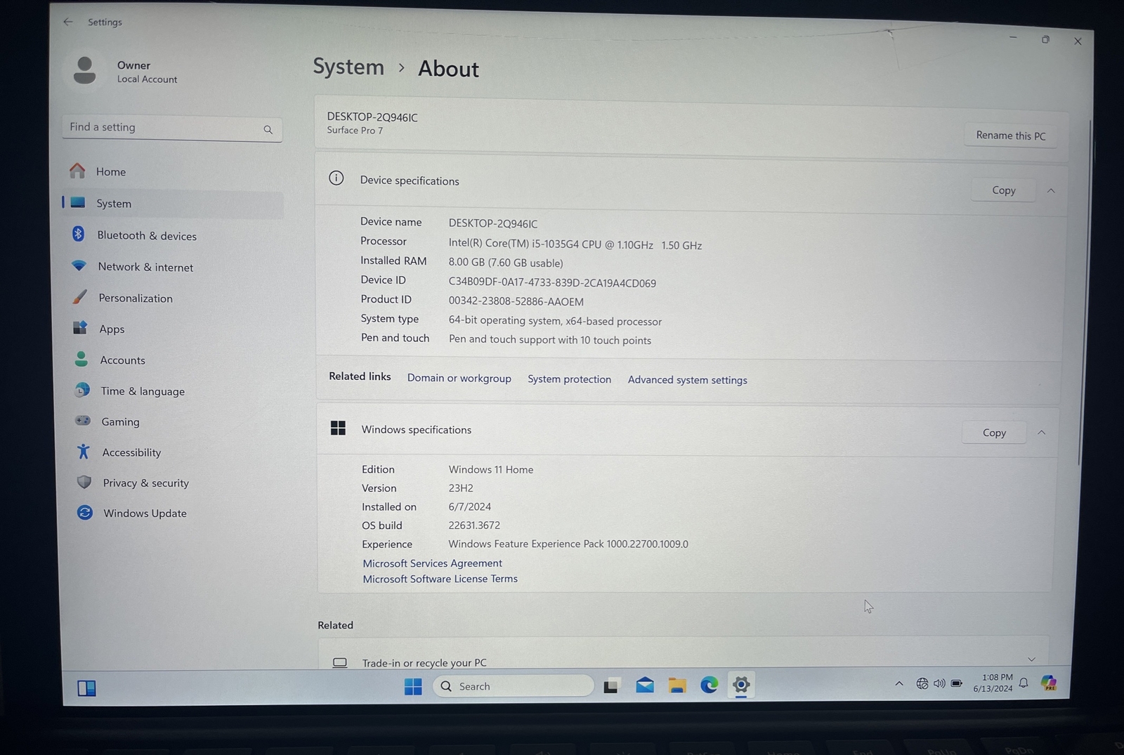 Microsoft Surface Pro 7 1866 i5-1035G4@1.1GHz, 8GB RAM, 128GB SSD *READ*