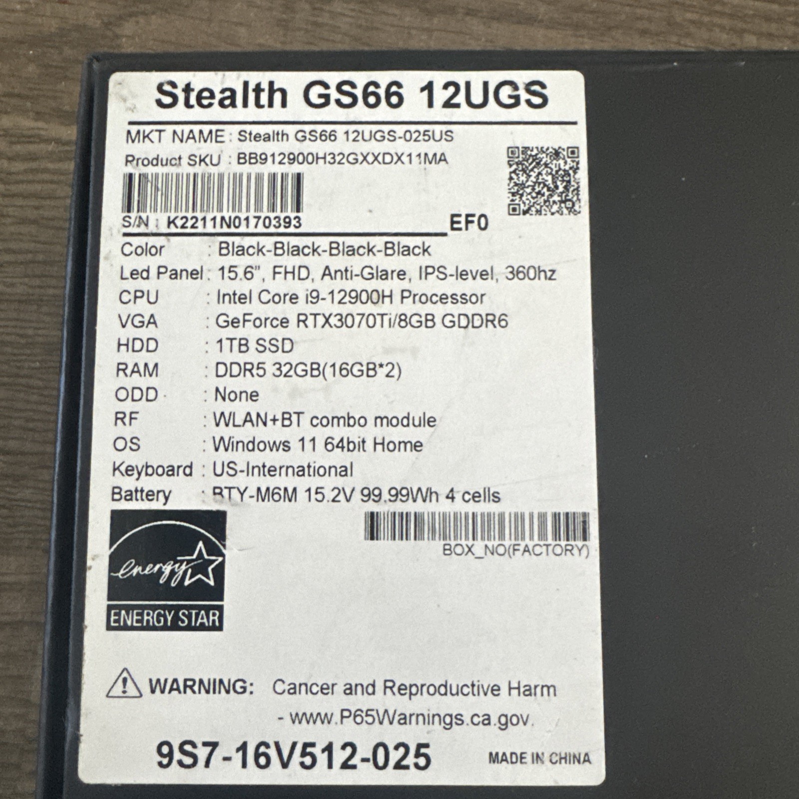 MSI Stealth GS66 12UGS i9-12900H FHD Geforce RTX 3070 Ti 32GB RAM 1TB SSD *Read*
