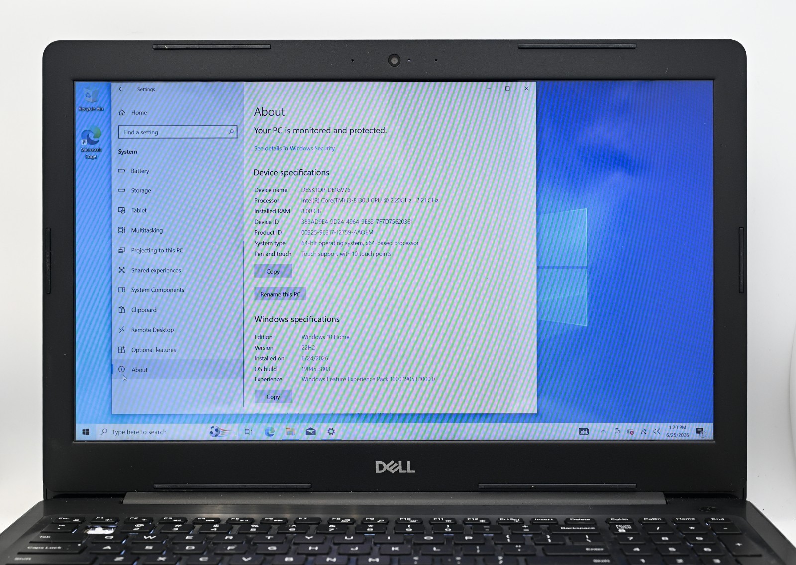 Dell Inspiron 15-5570 i3-8130u 2.2GHz 8GB RAM 240GB SSD Windows 10 Pro