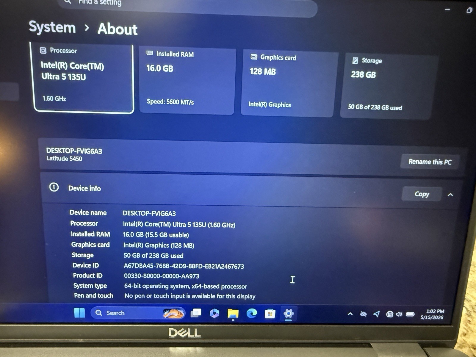Dell Latitude 5450 | Ultra 5 135U 16GB RAM 256GB SSD | FHD Backlit FPS