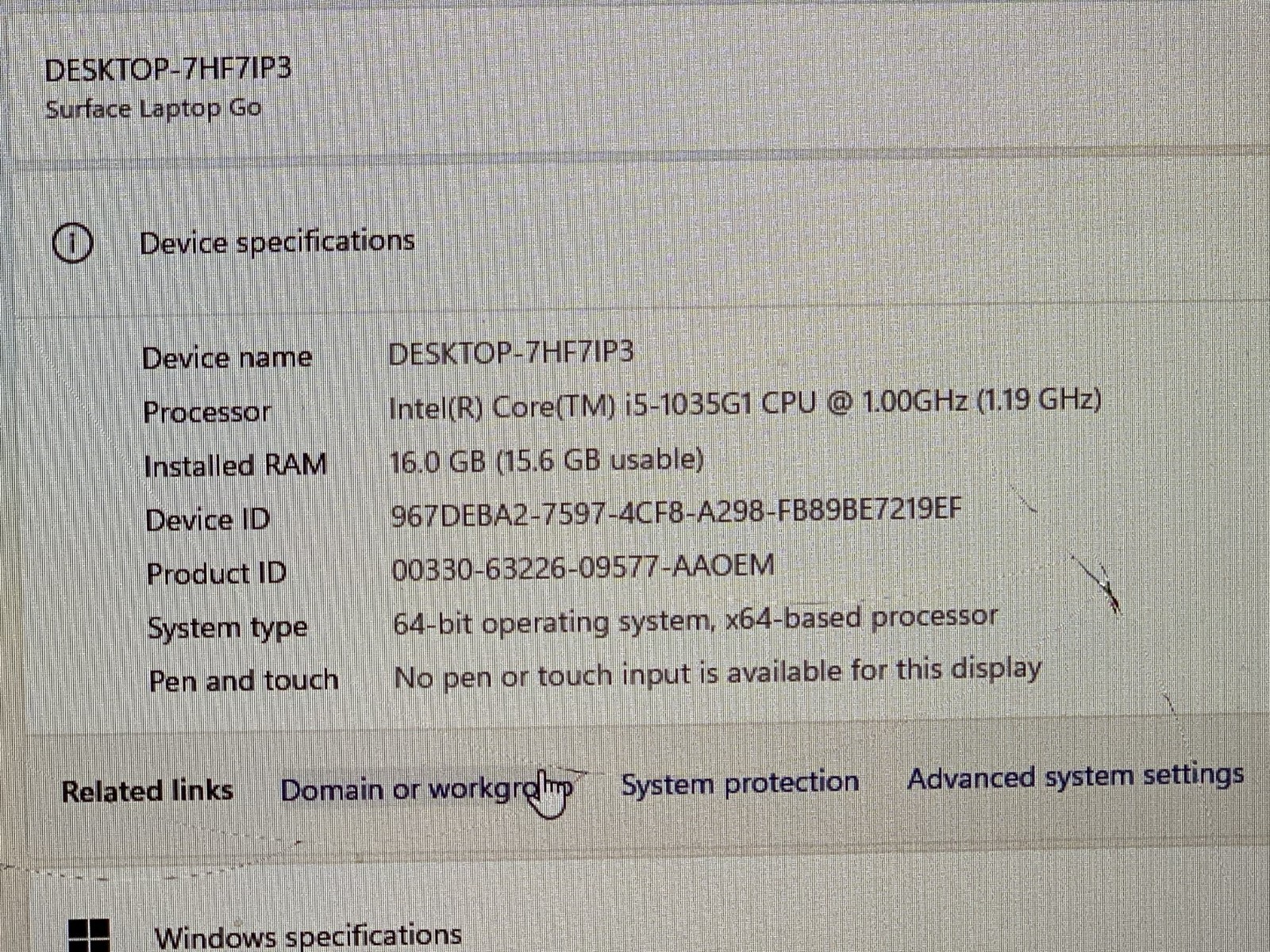 MICROSOFT SURFACE GO 1943 i5-1035G1@1.00GHz 16GB RAM 256GB NVMe W11P W/AC *READ