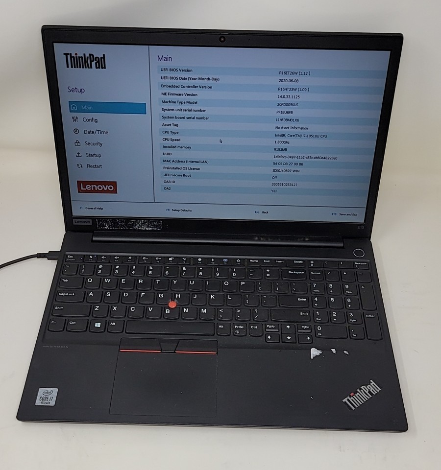 LENOVO ThinkPad E15 Laptop Intel I7-10510U 8GB 256GB SEE NOTES