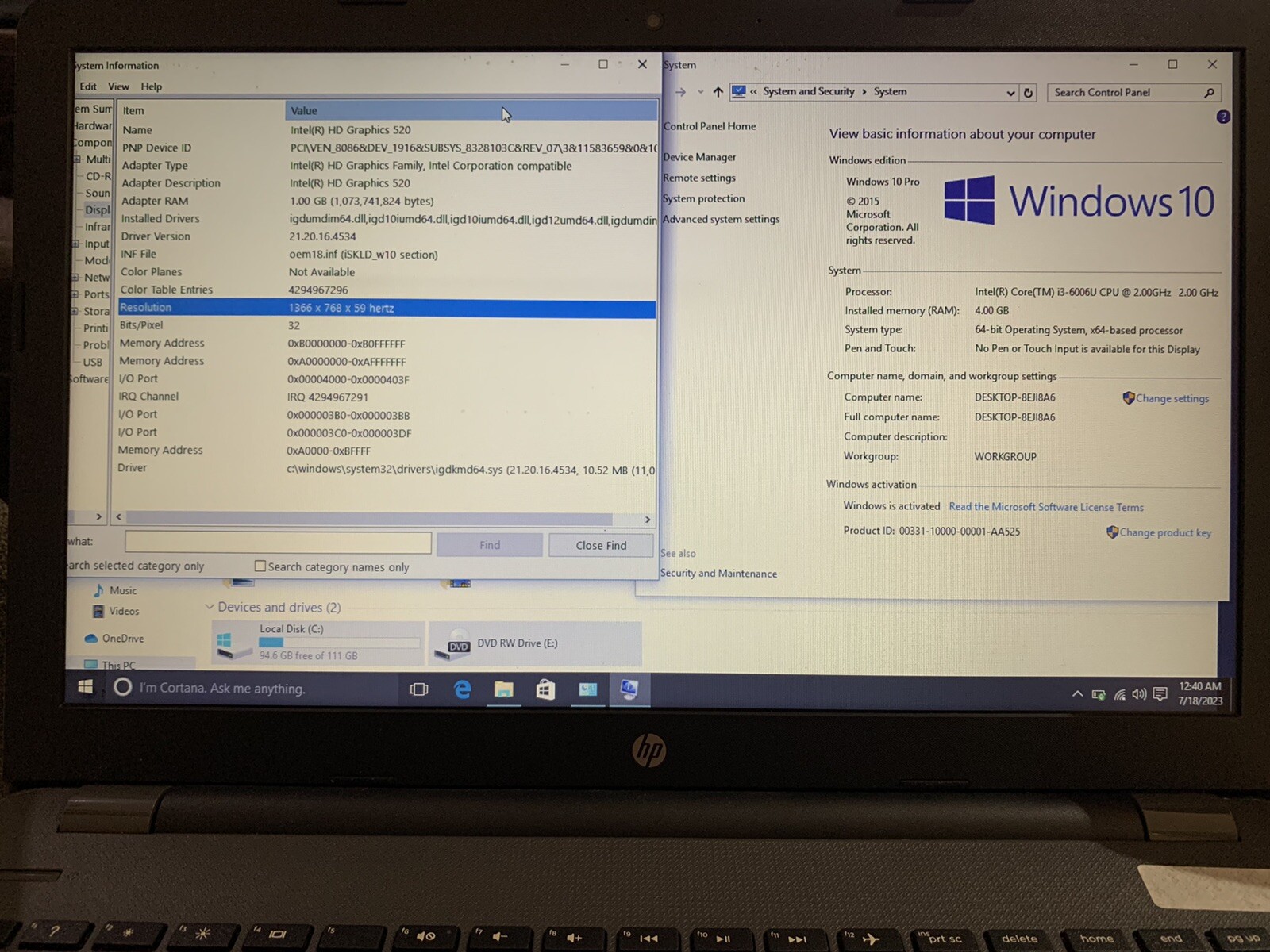 HP ProBook 250 G6 15.6”| Notebook| Intel Core i3-6300U| 2.3Ghz 4GB RAM 120GB SSD