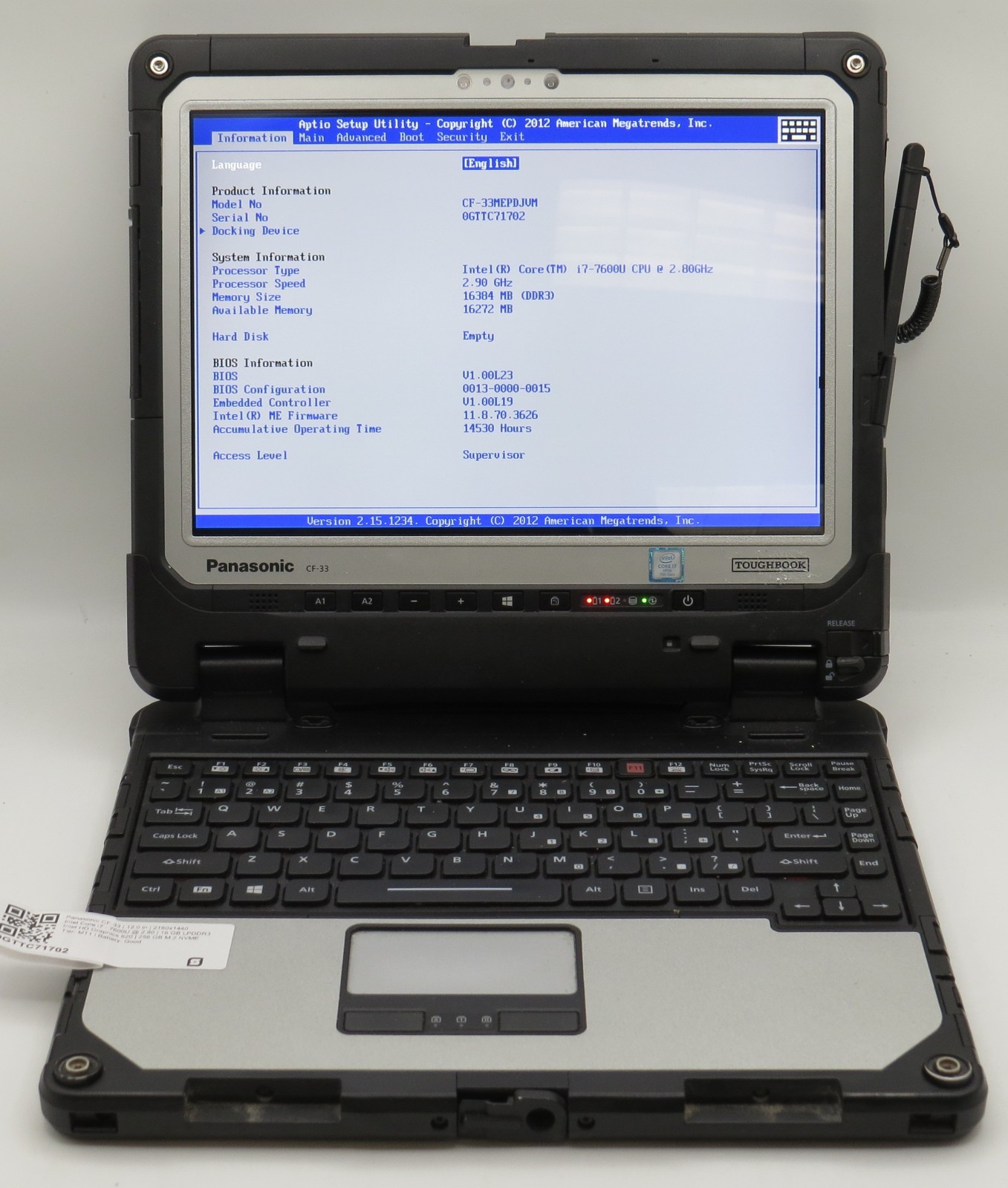 Panasonic CF-33 Toughbook i7-7600U@2.8 | 16/256GB SSD | 12″ Touch | No OS/AC