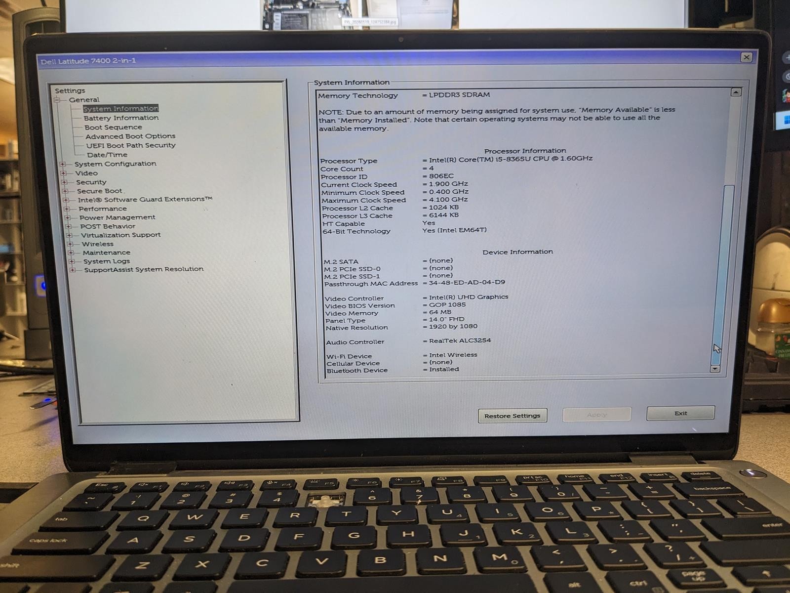 DELL LATITUDE 7400 2-IN-1 i5-8365U @ 1.60GHz, 16GB RAM, NO HDD/OS