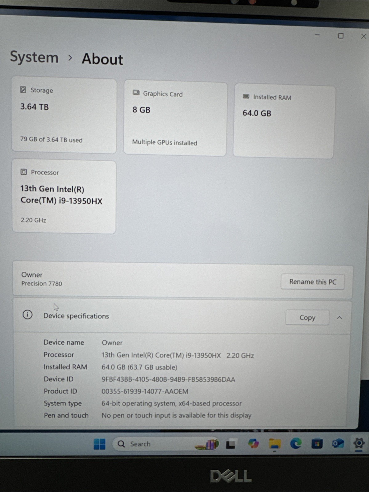 Dell Precision 7780 17.3″ FHD i9-13950HX 64GB RAM 3.6TB SSD NVIDIA RTX 2000 Ada