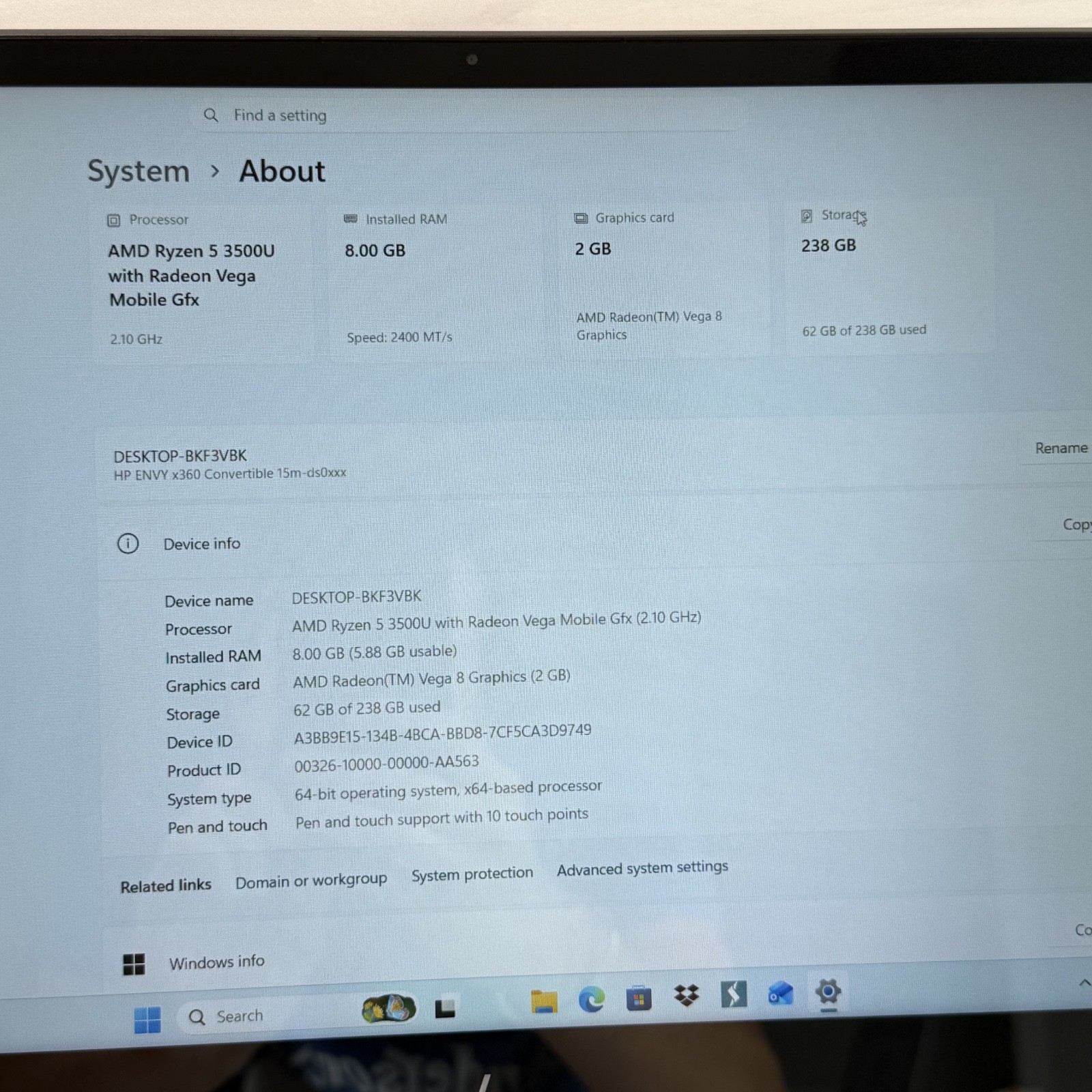 HP ENVY x360 Convertible AMD Ryzen 5 3500U Radeon Vega 2.1 GHz 8 GB 256 GB #H504