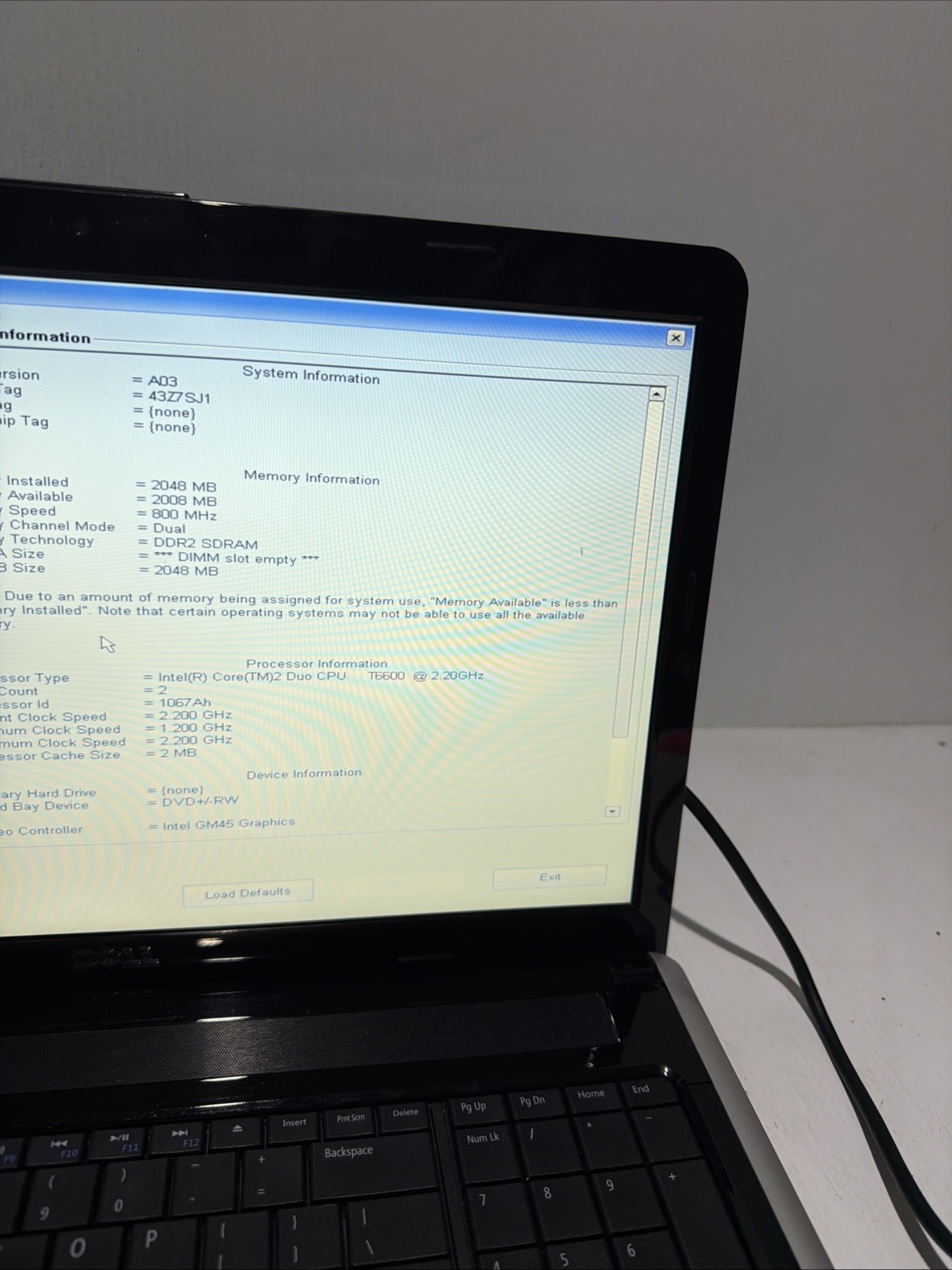 Dell Inspiron 1750 17″ Laptop Core 2 Duo T6600 2gb Ram NO Drives Boots Bios