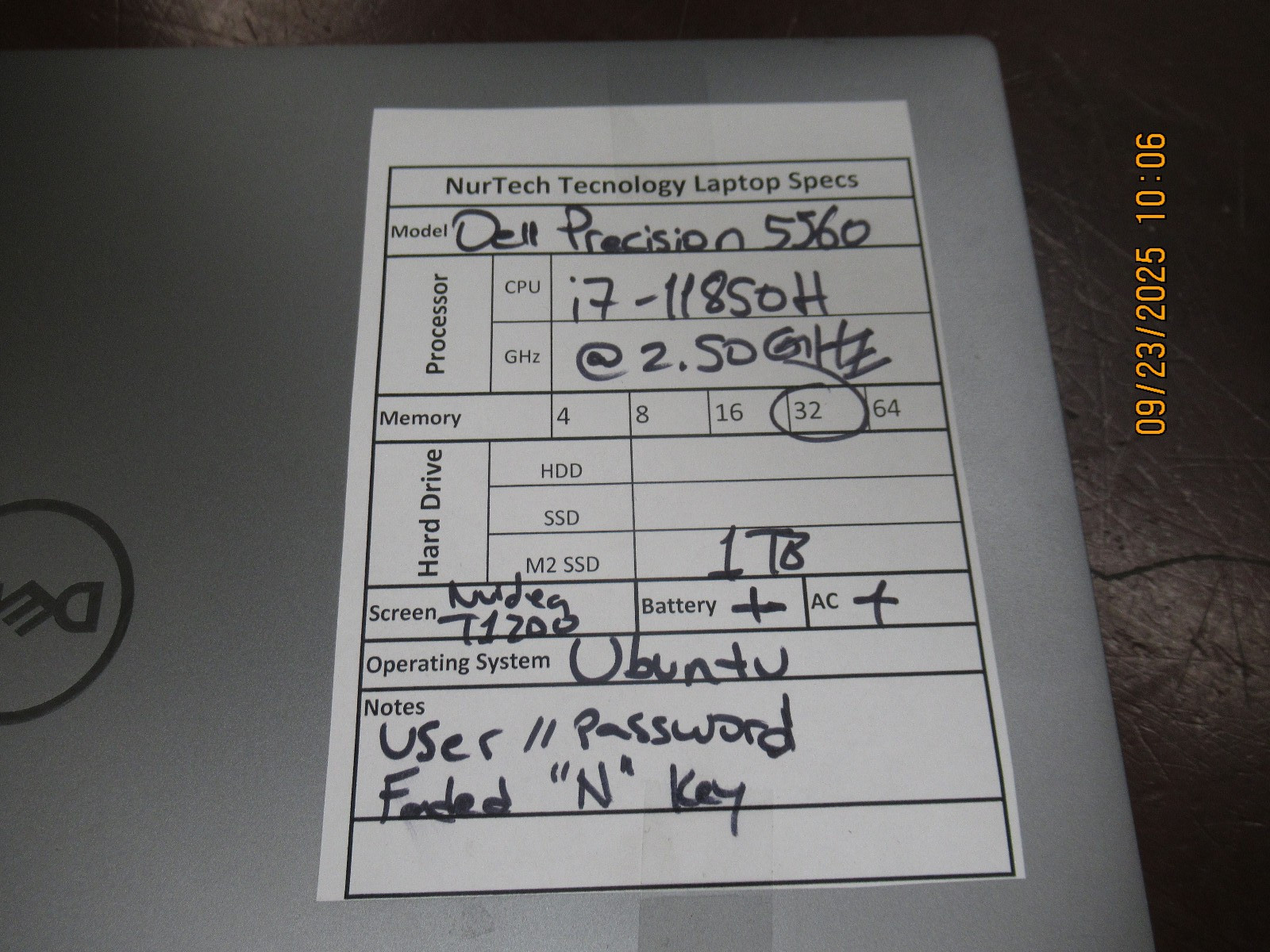Dell Precision 5560 i7-11850H 2.50GHz 32GB 1TB M2SSD NVIDIA T1200 UbuntuLaptop@@
