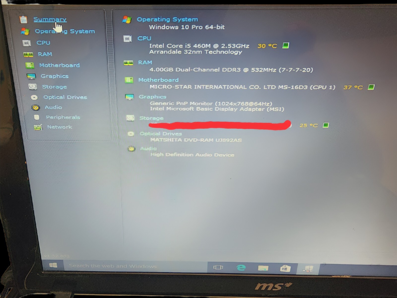 MSI MS-16D3 Laptop 15.6″ Intel Core i5 M460@2.53ghz 4gb No Hdd/caddy READ