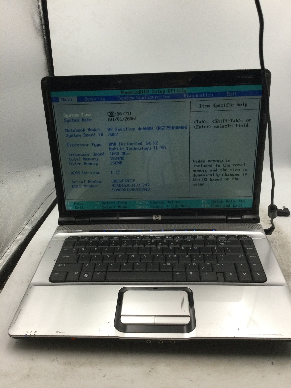 HP PAVILION DV6000 – BOOTS TO BIOS – AMD TURION 64 X2 – 1GB RAM – 16″ -READ- BB