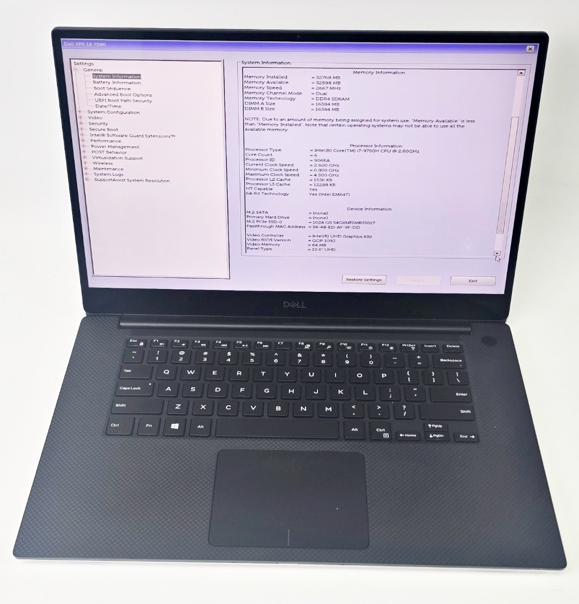 Dell XPS 7590 15.6″ Laptop i7-9750H 2.60GHz 32GB RAM 1TB NVMe