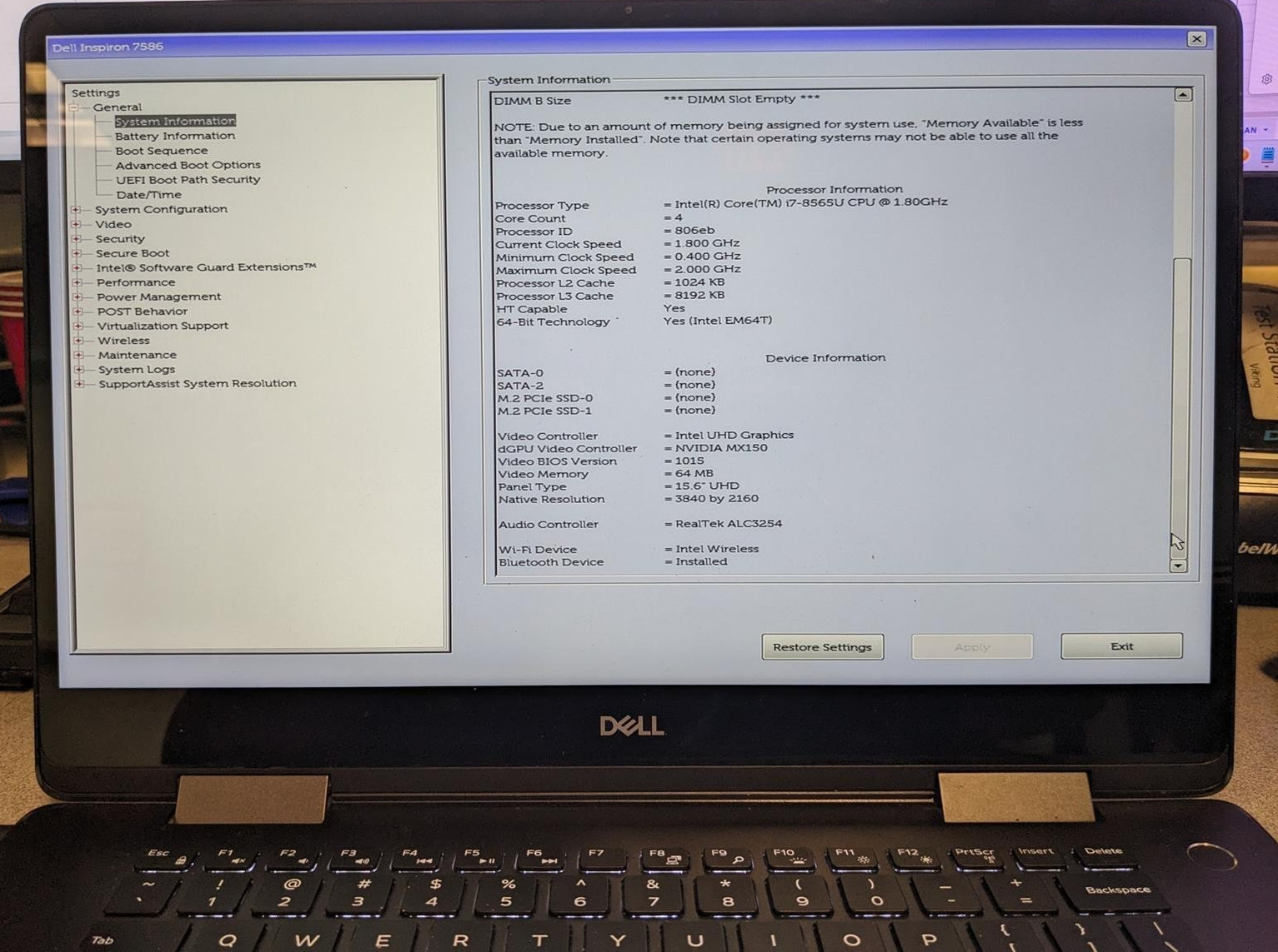 DELL INSPIRON 7586 2-IN-1 i7-8565U @ 1.80GHz, 8GB RAM, NO HDD/OS