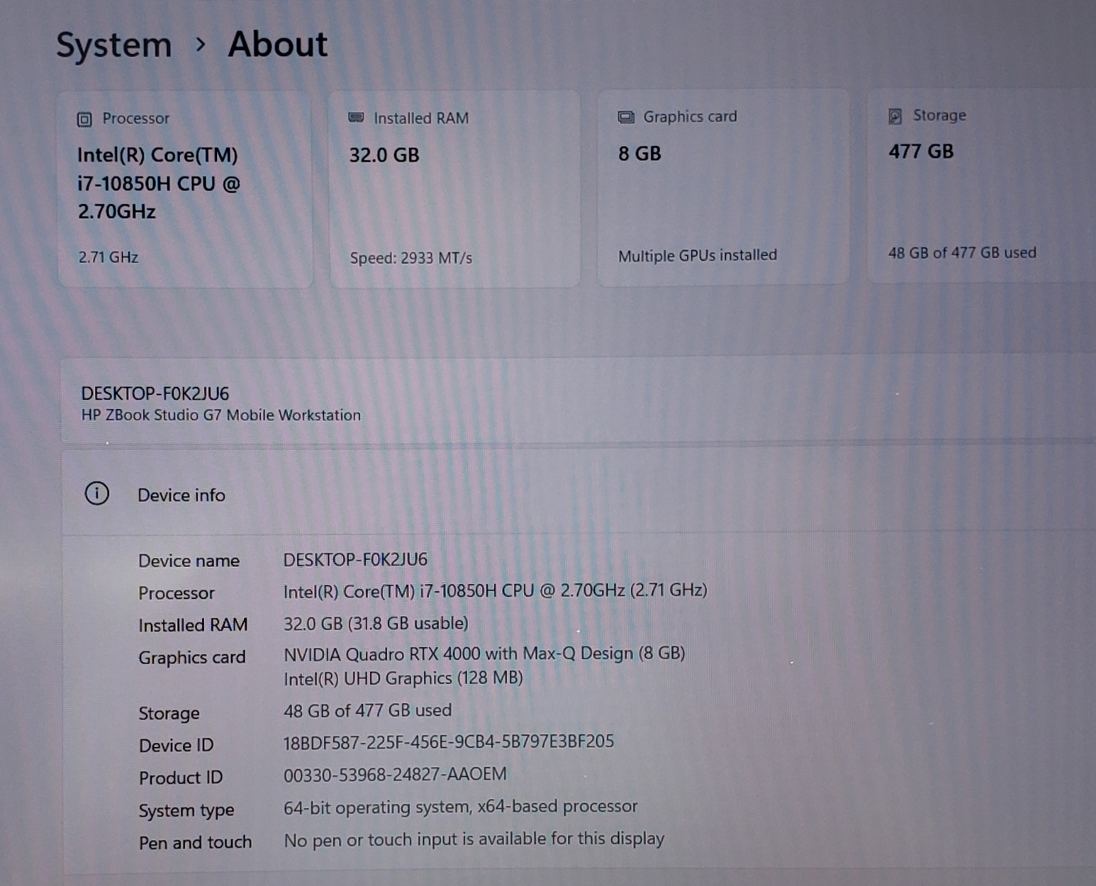 HP ZBook Studio G7 i7-10850H 32GB Ram 512GB SSD NVIDIA RTX 4000 Win11 Pro Laptop