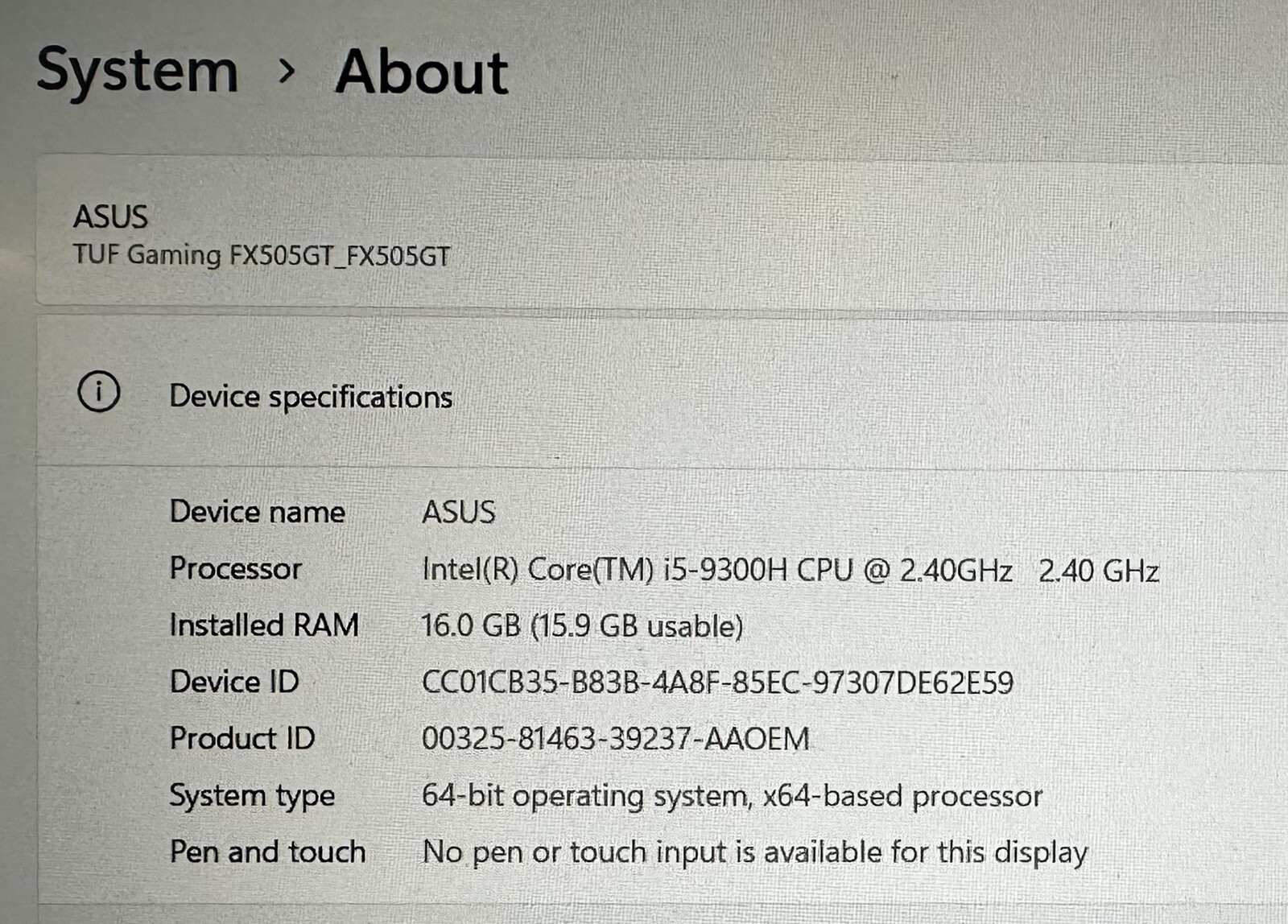 ASUS TUF FX505GT 15.6” i5-9300H 2.40GHz NVIDIA GeForce GTX 1650 16GB RAM 1TB SSD