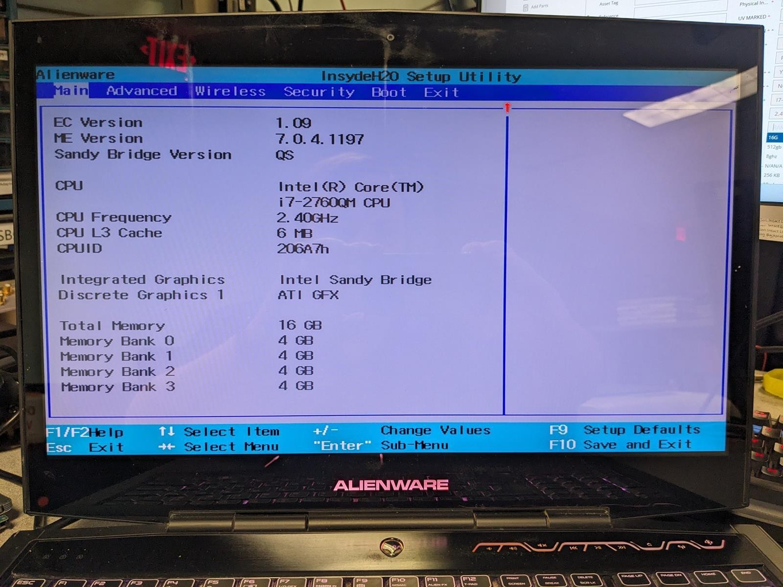 DELL ALIENWARE M17X R3 I7-2760QM @ 2.40GHz, 16GB RAM, NO HDD/OS