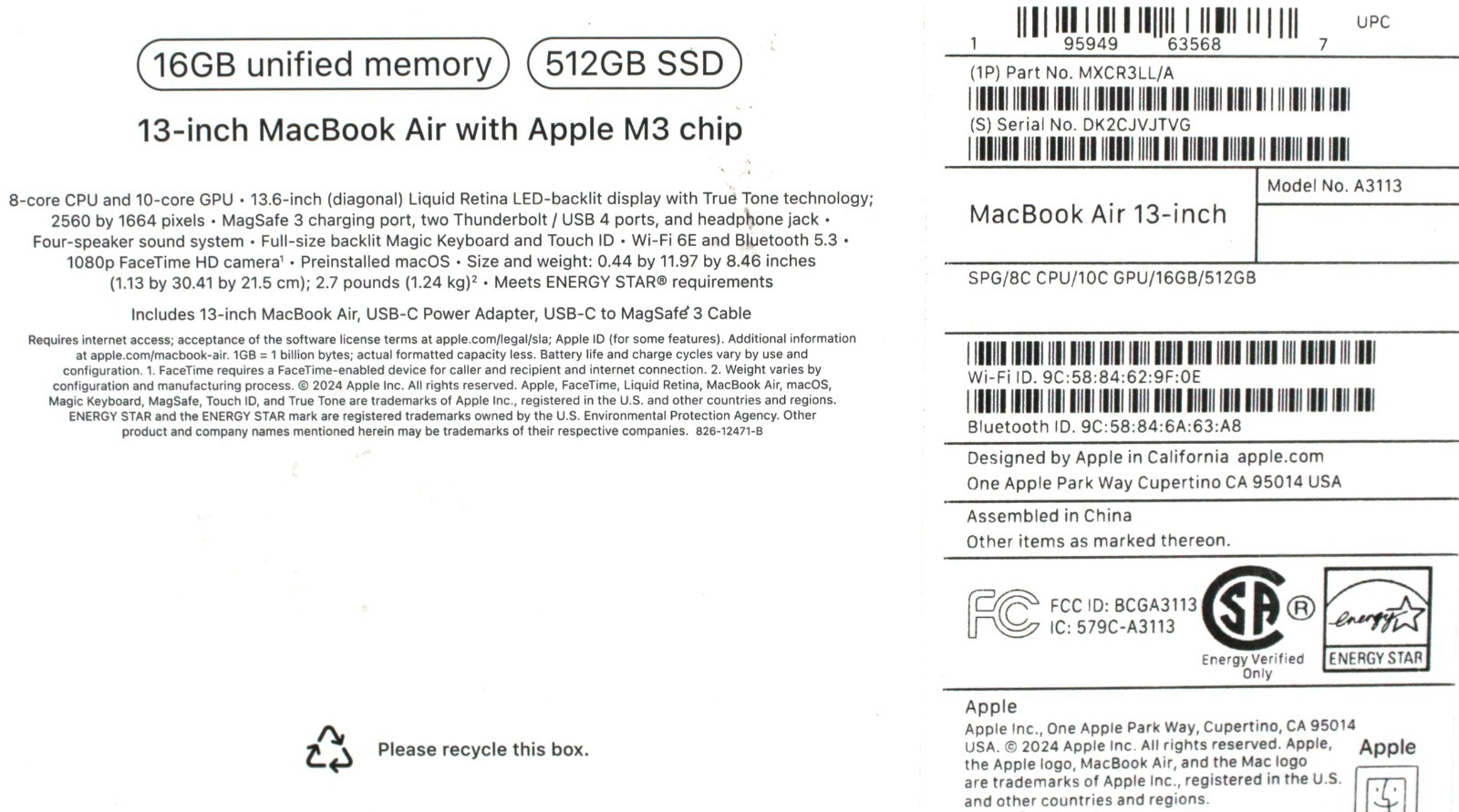 Apple | MXCR3LL/A | A3113 MacBook Air | 16Gb Memory | 512Gb Storage – Open Box