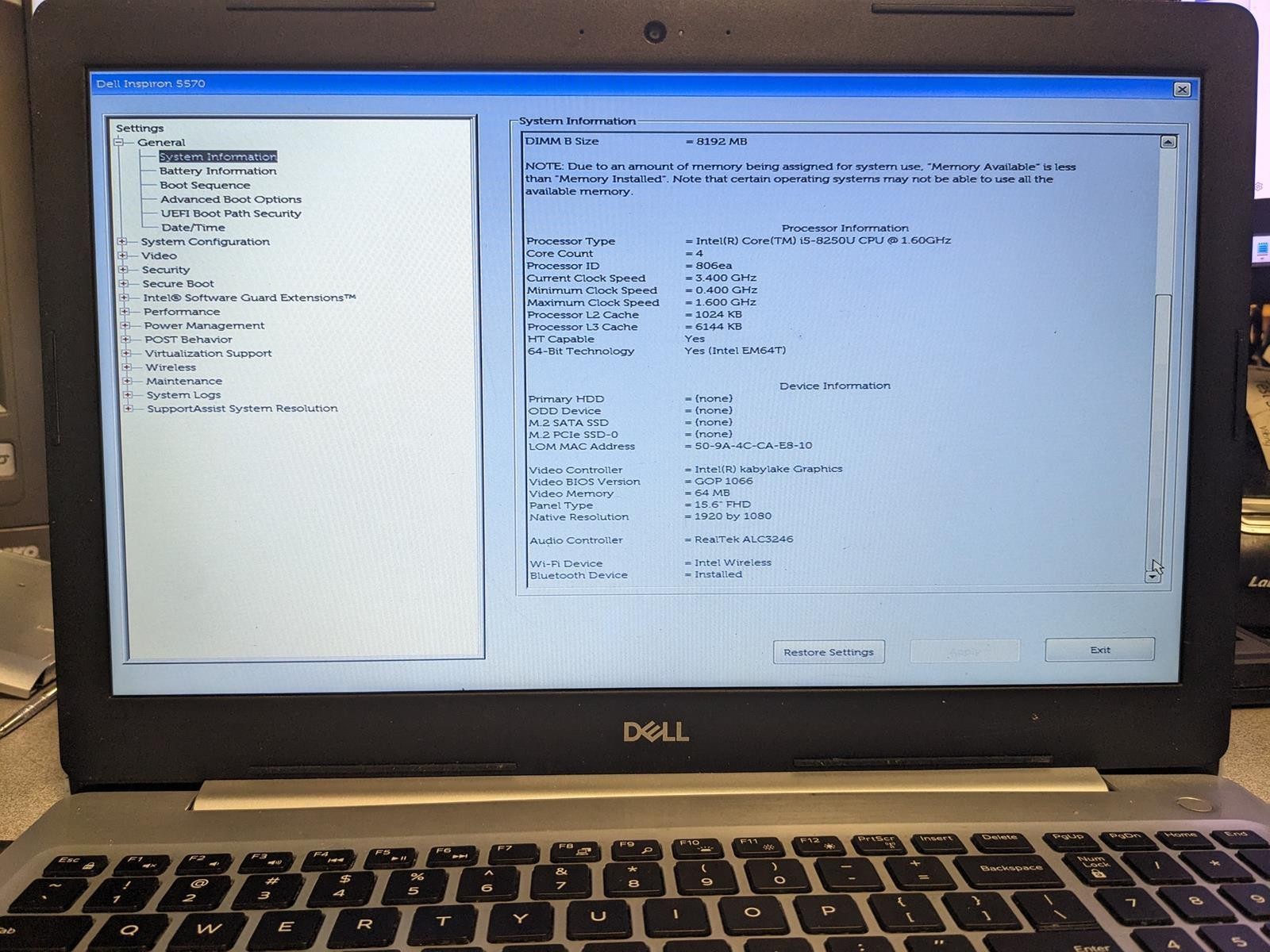 DELL INSPIRON 5570 i5-8250U @ 1.60GHz, 8GB RAM, NO HDD/OS