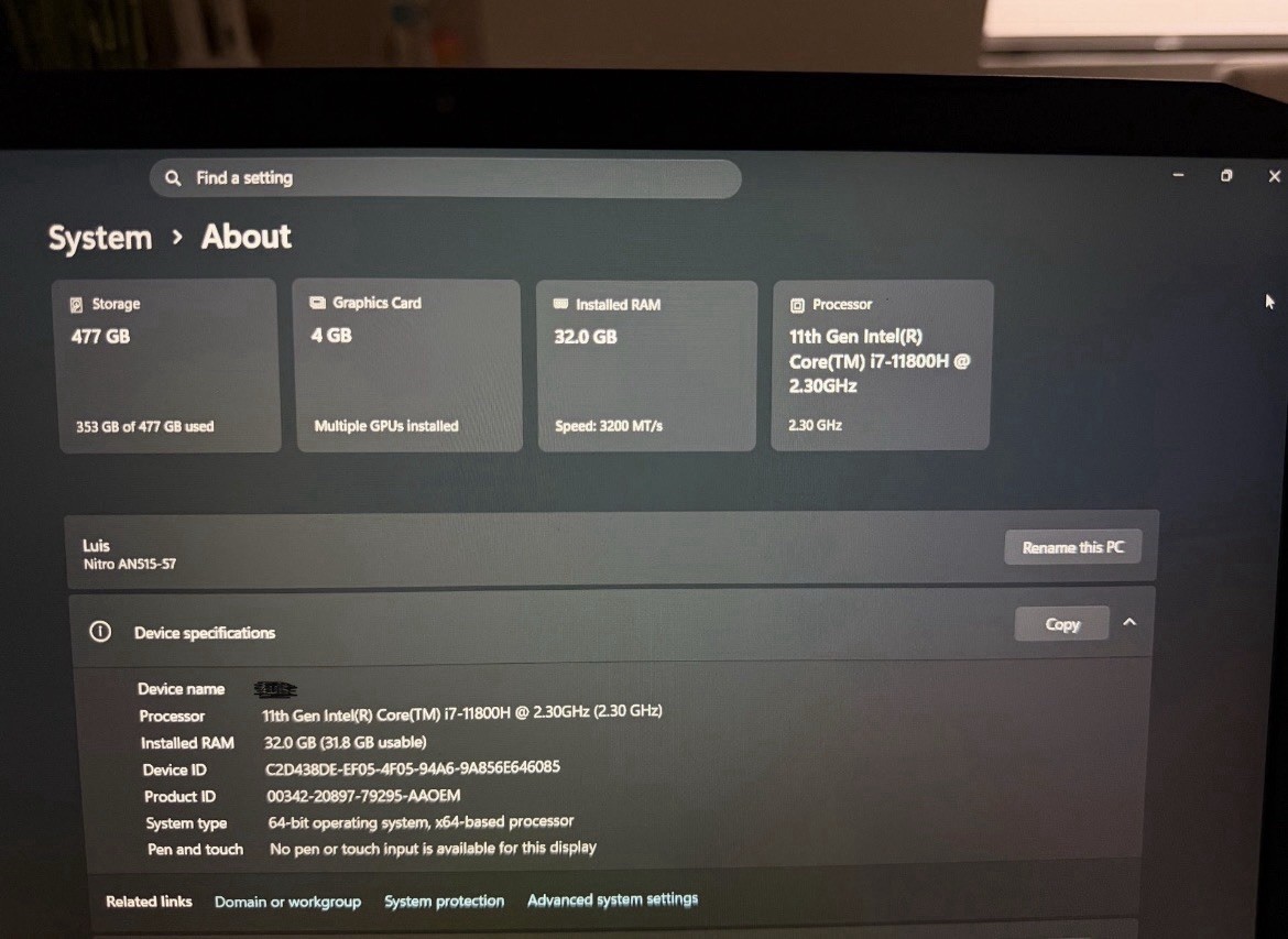 Acer Nitro AN515-57 15.6″ i7-11800H 32GB RTX 3050 Ti 477GB SSD W11