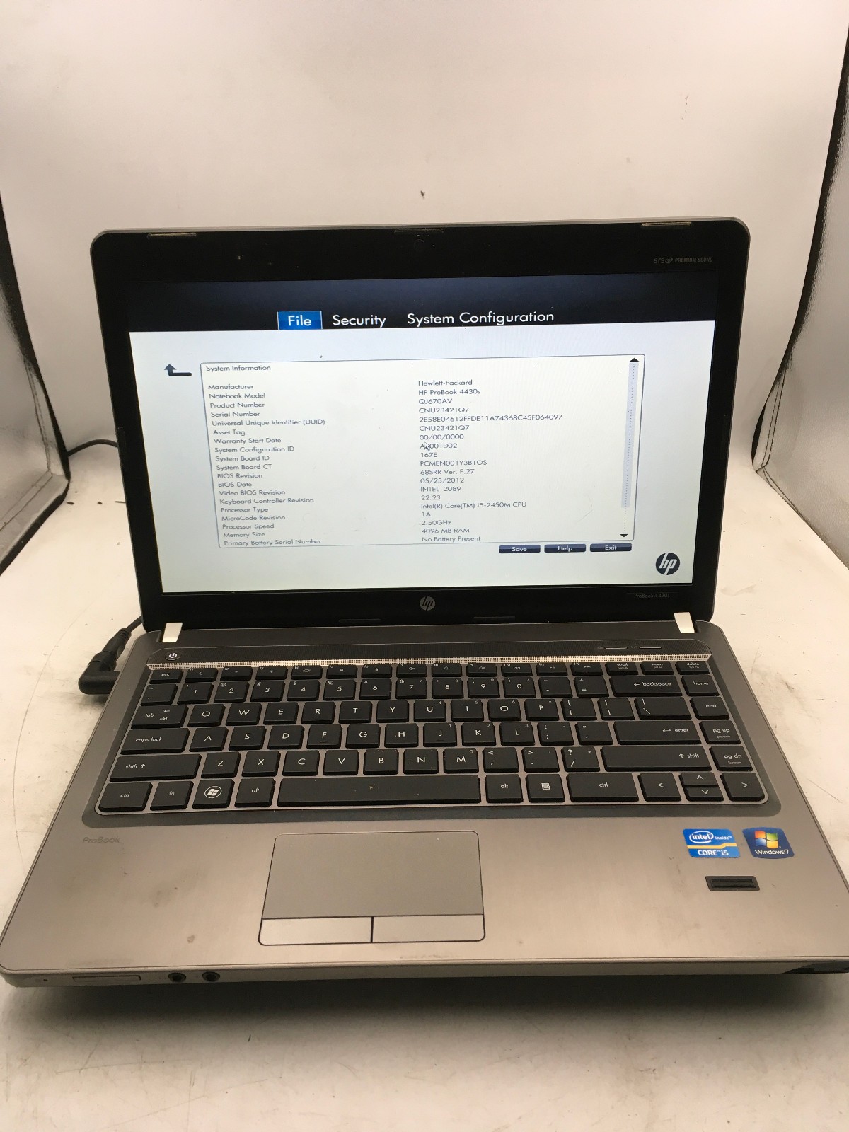 HP PROBOOK 4430s – BOOTS TO BIOS – INTEL I5 2450M – 4GB RAM -READ DESCRIPTION-BB