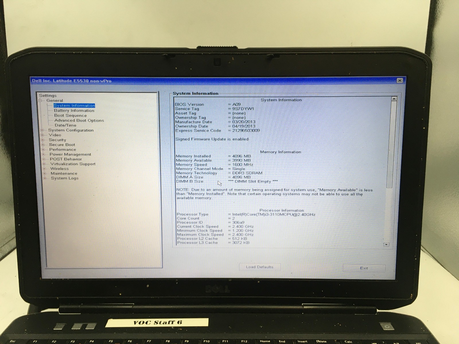 DELL LATITUDE E5530 – BOOTS TO BIOS – INTEL I3 3110M – NO RAM – READ DESC – BB