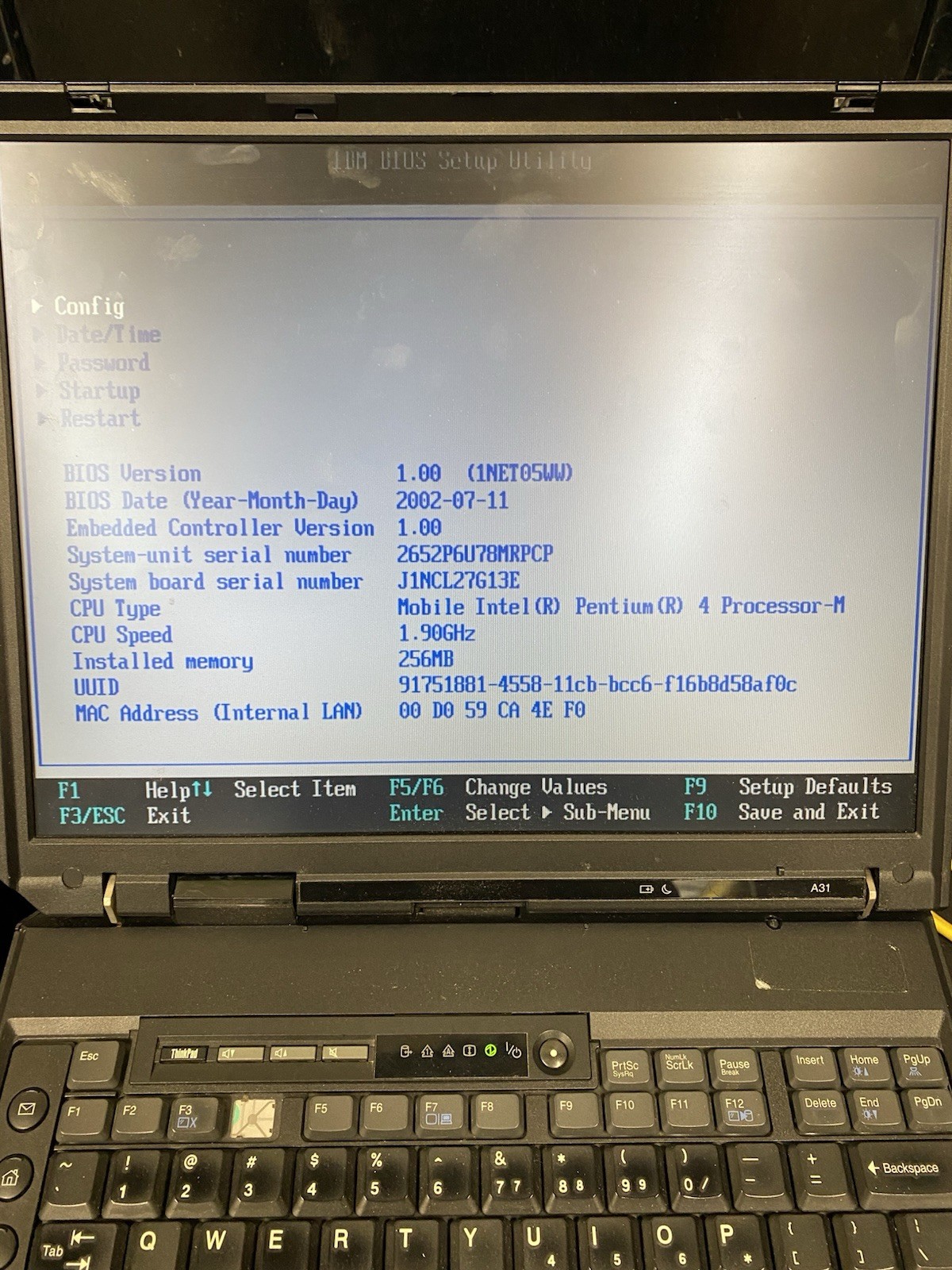 Vintage IBM ThinkPad A31 Laptop POWERS ON To BIOS | NO HDD | NO ODD | NO BATTERY