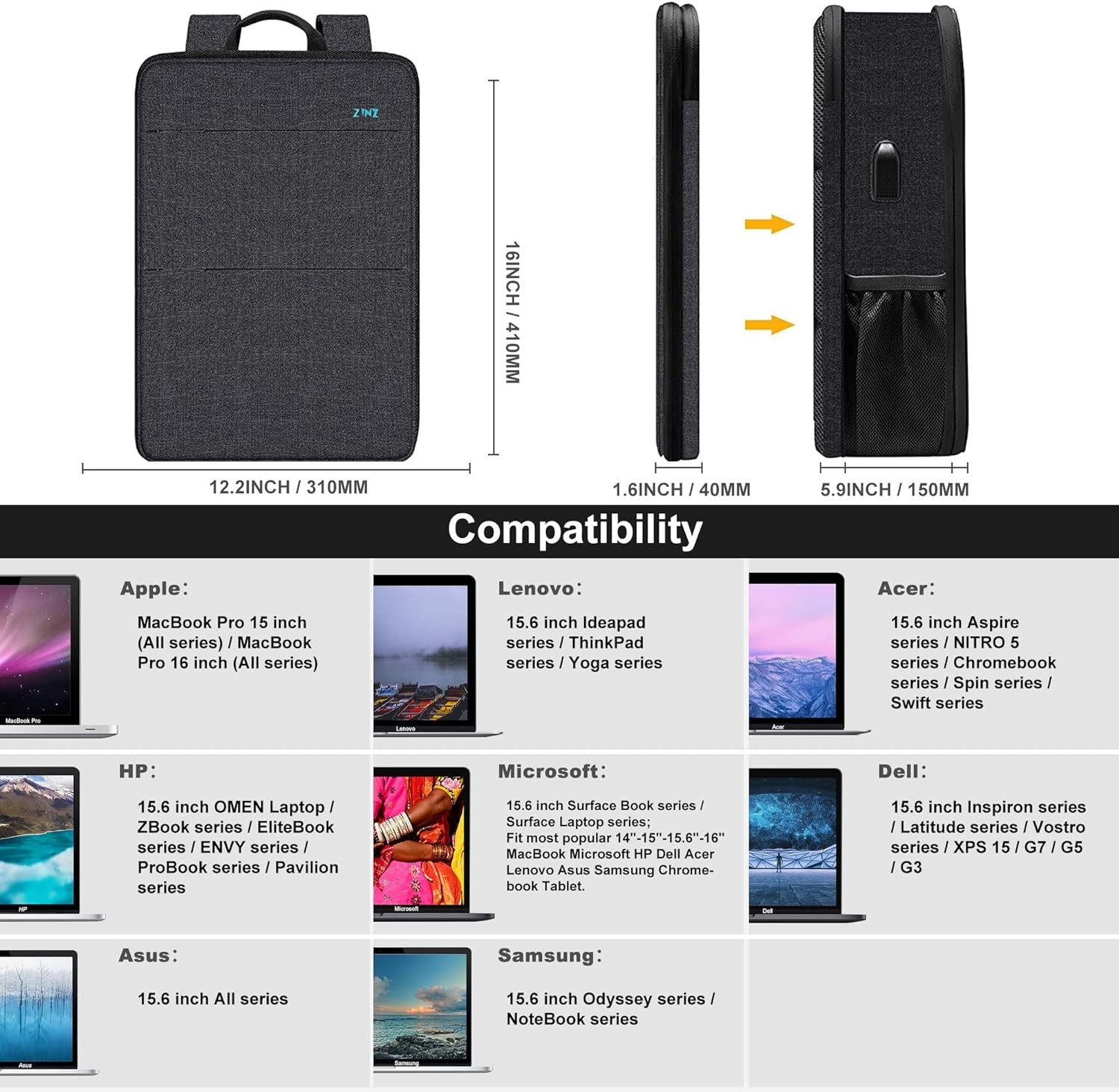 Expandable & Slim Laptop Backpack Case for 15-16 Inch Notebooks, Water Resistant