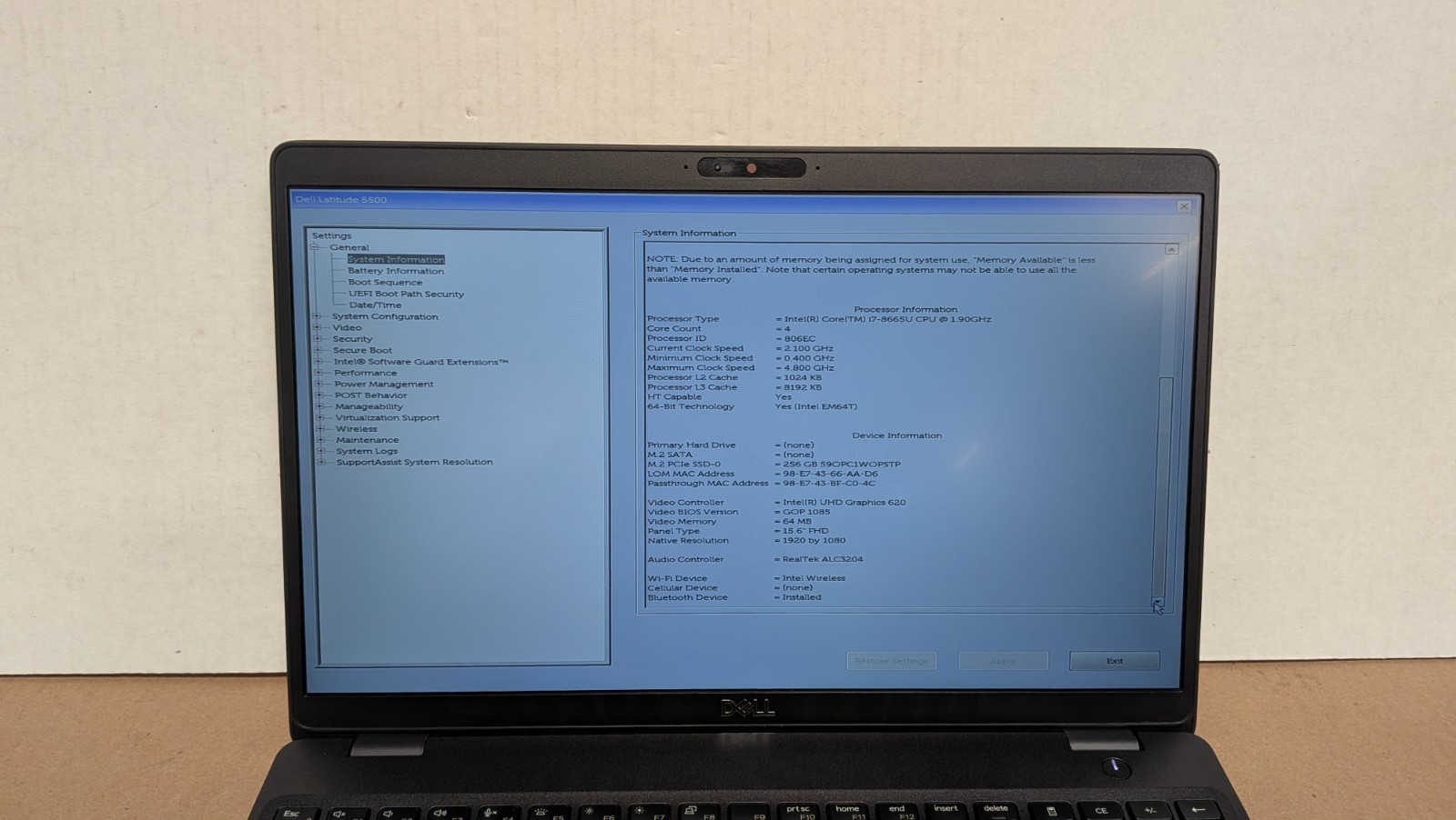 Dell Latitude 5500 i7-8665U 15.6″ 16GB RAM 256GB SSD Win11P W/AC Batt:Fair