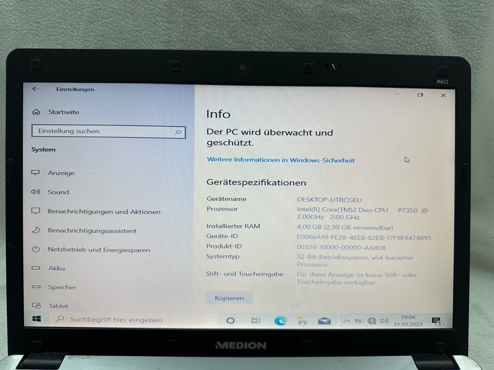 Notebook – Medion Akoya P6612 Intel Duo Core T7350 2.0GHz 320GB HDD 4GB RAM