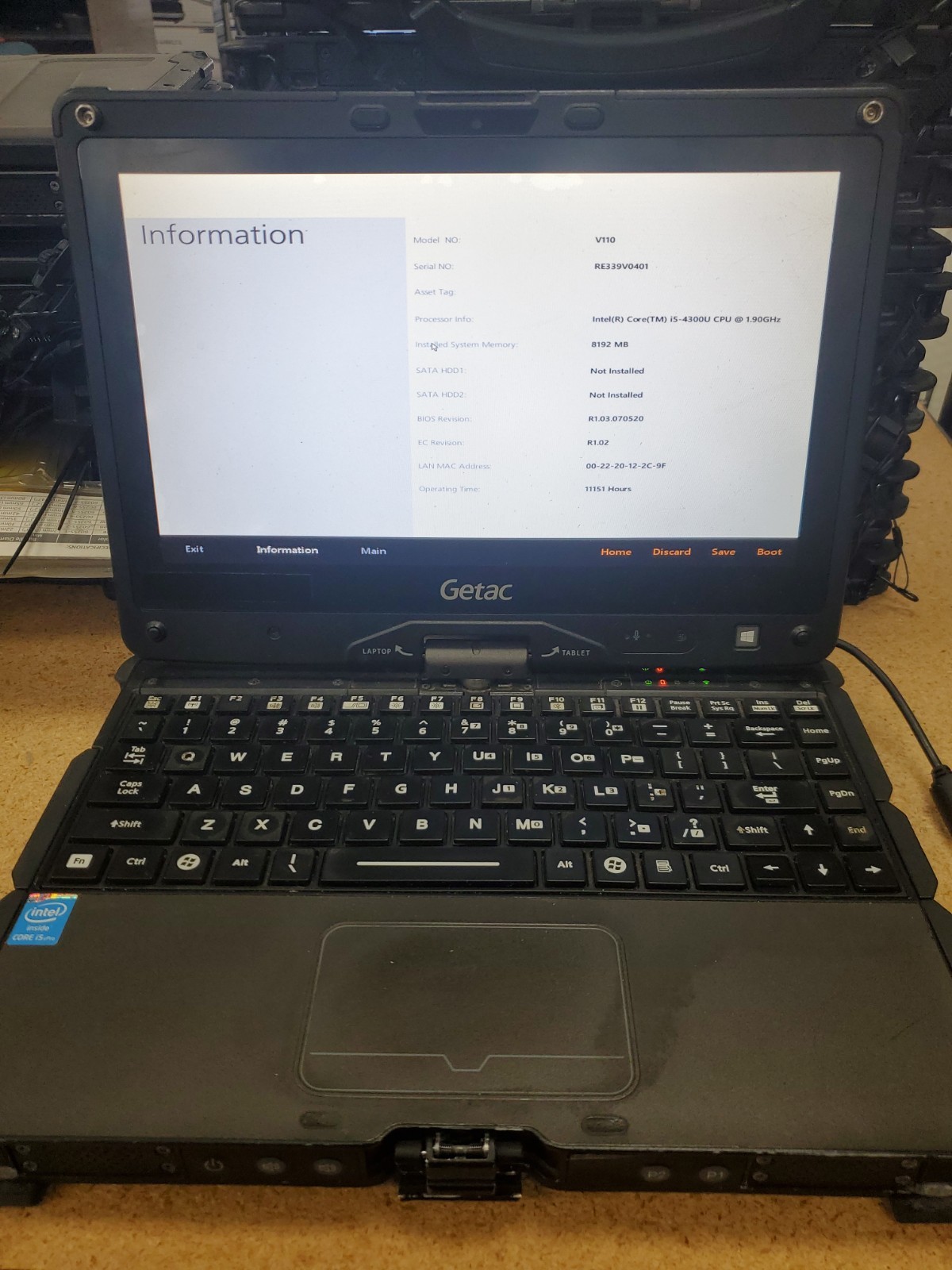 GETAC V110 Laptop Tablet Touch Screen i5-4300U 1.90GHz 8gB No HDD 11151hrs