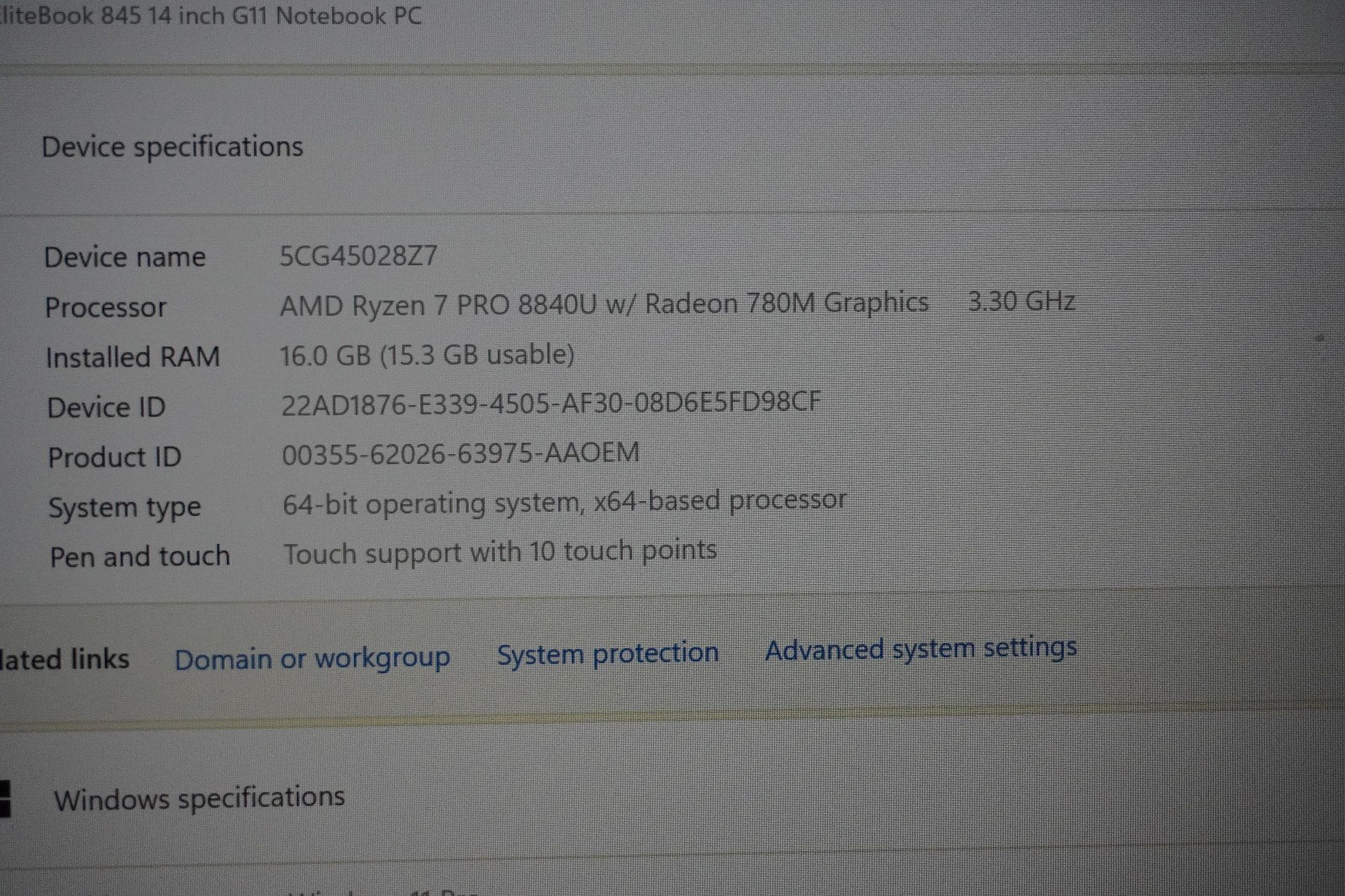 HP Elitbook 845 G11 14″ 512GB Ryzen 7 Pro 8840U Radeon Touch Screen Win 11 Pro