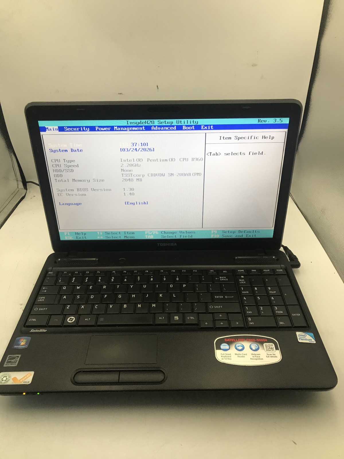 TOSHIBA SATELLITE C655 S5504 – BOOTS TO BIOS – INTEL PENTIUM B960 – 2GB RAM – BB