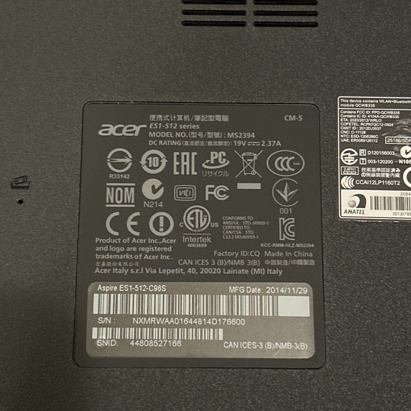 ACER ES1-512 MS2394 Intel Celeron N2840 @ 2.16Ghz, 4GB Ram, 500GB HDD W Charger